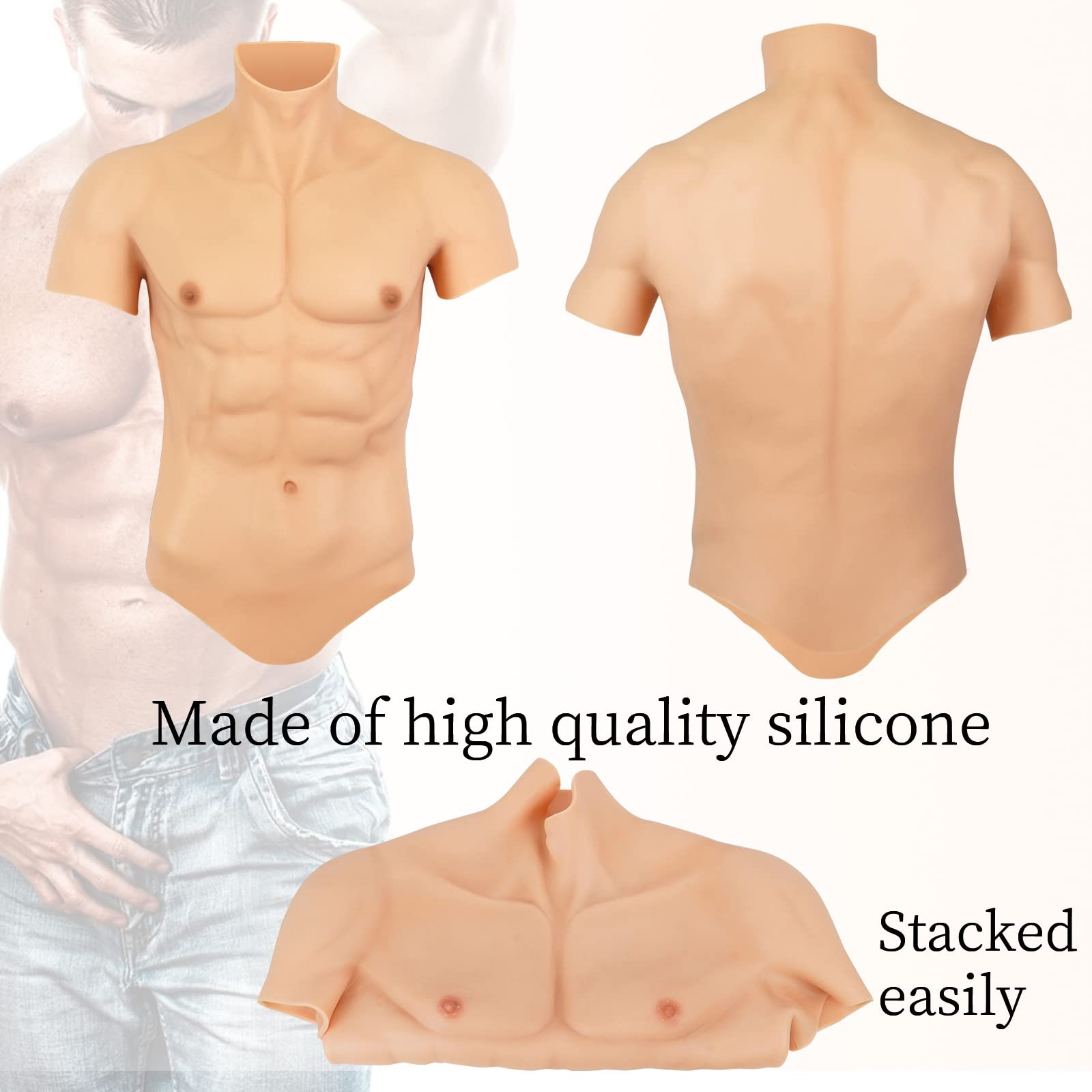 Realistic Silicone Fake Muscle Male Chest Half Body Suit - Halloween Cosplay Costume, Theater Props, Bodybuilding & Fitness Training Aid