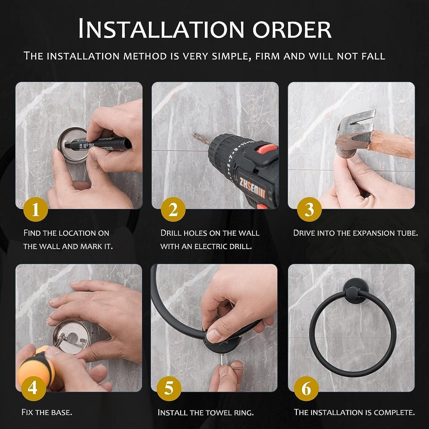 Premium 4-Piece Bathroom Hardware Set - 304 Stainless Steel Wall Mounted Robe Hooks, Toilet Paper Holder & Towel Ring (Black) - Durable Bath Accessories for Modern Home & Hotel Decor
