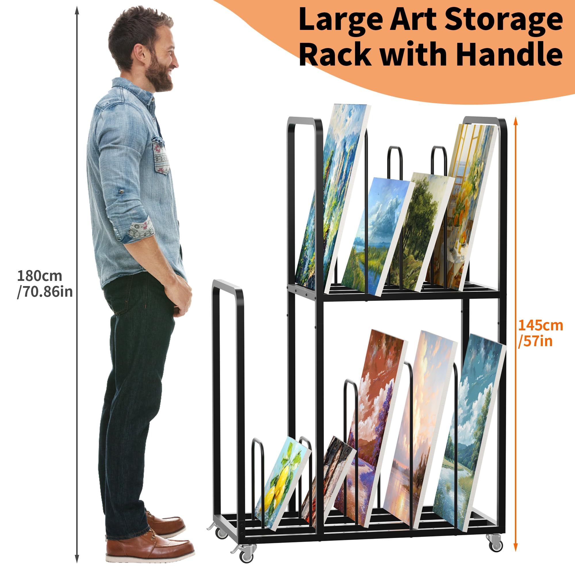 Lukar 2-Tier Metal Art Storage Rack with Wheels & Handle - Heavy Duty Canvas Drying Rack for Artists - Perfect for Studios, Galleries & Art Classrooms - Organize Paintings, Prints & Panels Easily