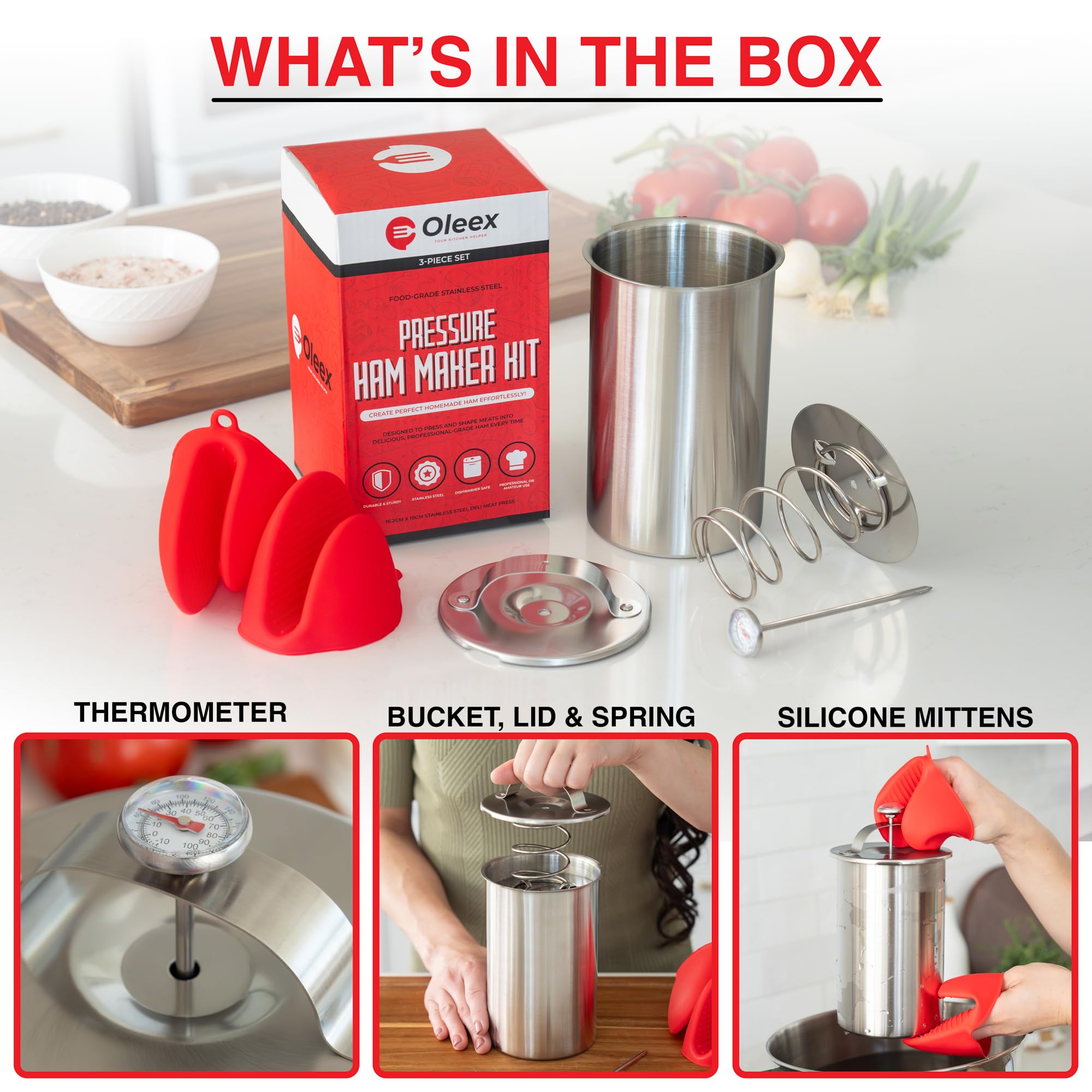 Oleex Stainless Steel Lunch Meat Press Mold - Deli Meat & Ham Maker with Cooking Thermometer & Silicone Mittens - Perfect for Homemade Sandwiches, Charcuterie Boards, and Meal Prep - Heavy Duty Kitchen Tool for Chefs & Home Cooks