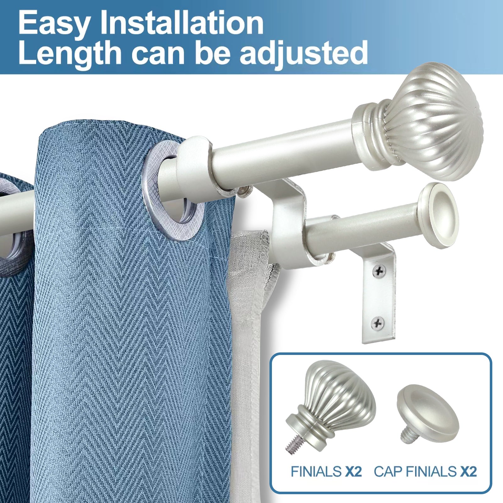 Urbanest Fluted Ball Adjustable Double Drapery Curtain Rod Set - 5/8 Inch, Elegant Window Treatment for Living Room & Bedroom