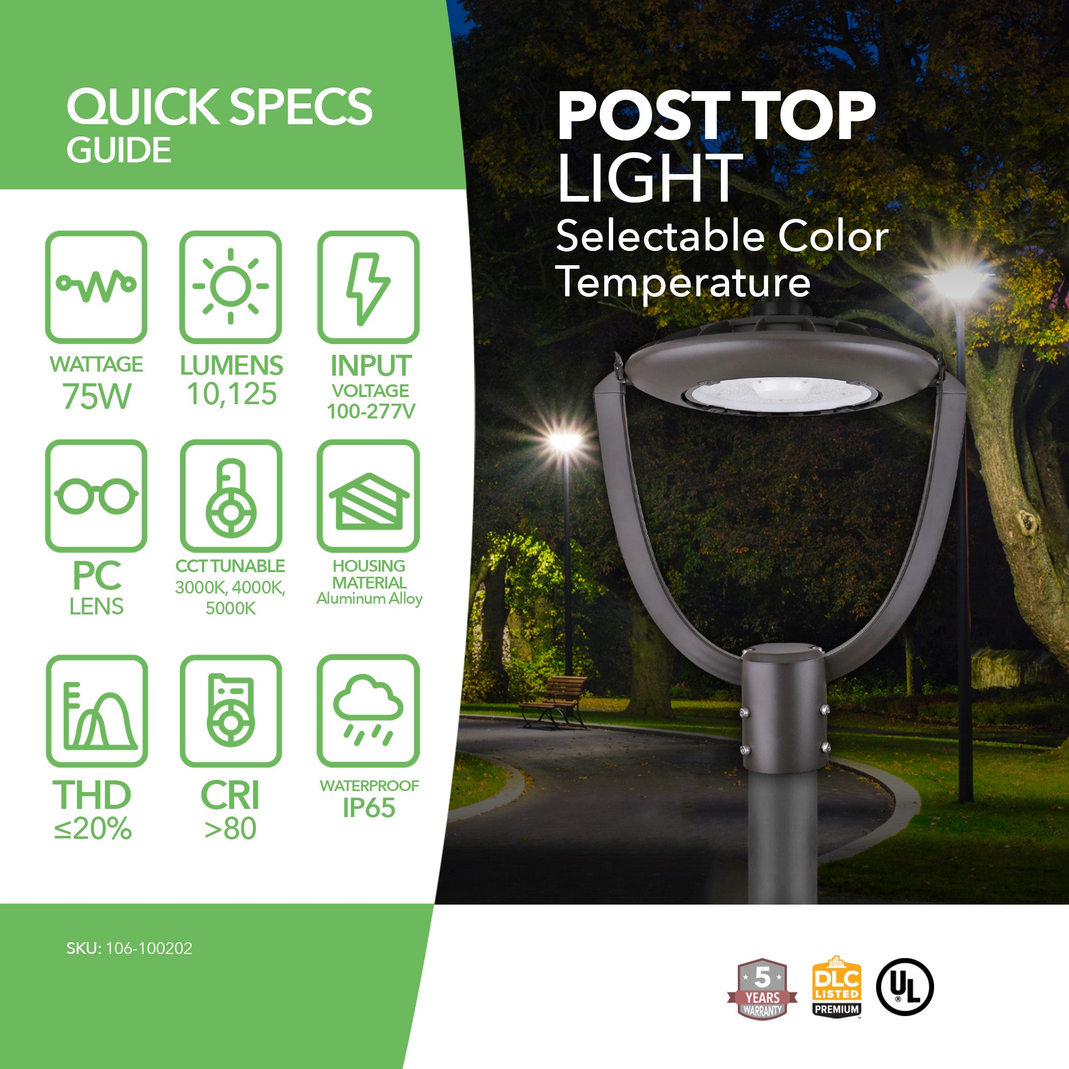 75W LED Post Top Light - Selectable Color Temperature, Black Finish with Shorting Cap - Perfect for Outdoor Pathways, Gardens, and Driveway Lighting
