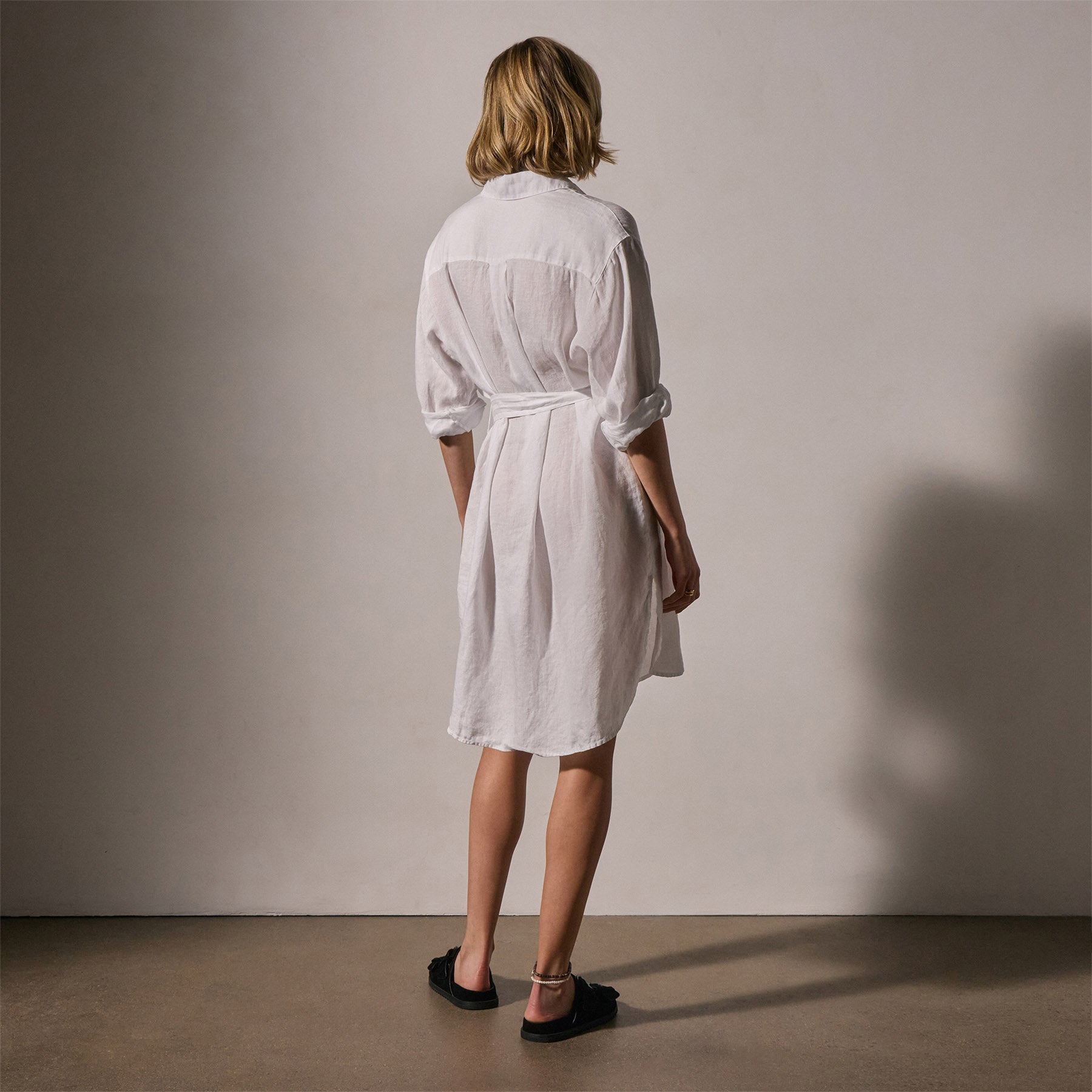 White Linen Shirt Dress with Tie - Women's Summer Casual Wrap Dress for Beach, Office & Date Night