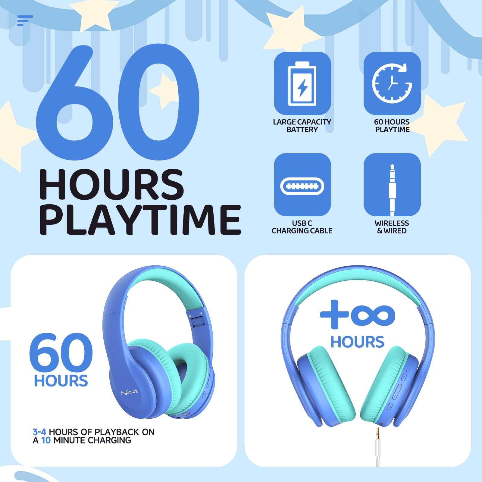 **Kids Wireless Bluetooth Headphones with Volume Limit (85/94dB) - 60H Playtime, Bluetooth 5.3, Built-in Mic, Lightweight Over-Ear Design for Toddlers & Children - Perfect for School, Travel & Online Learning (Blue)**