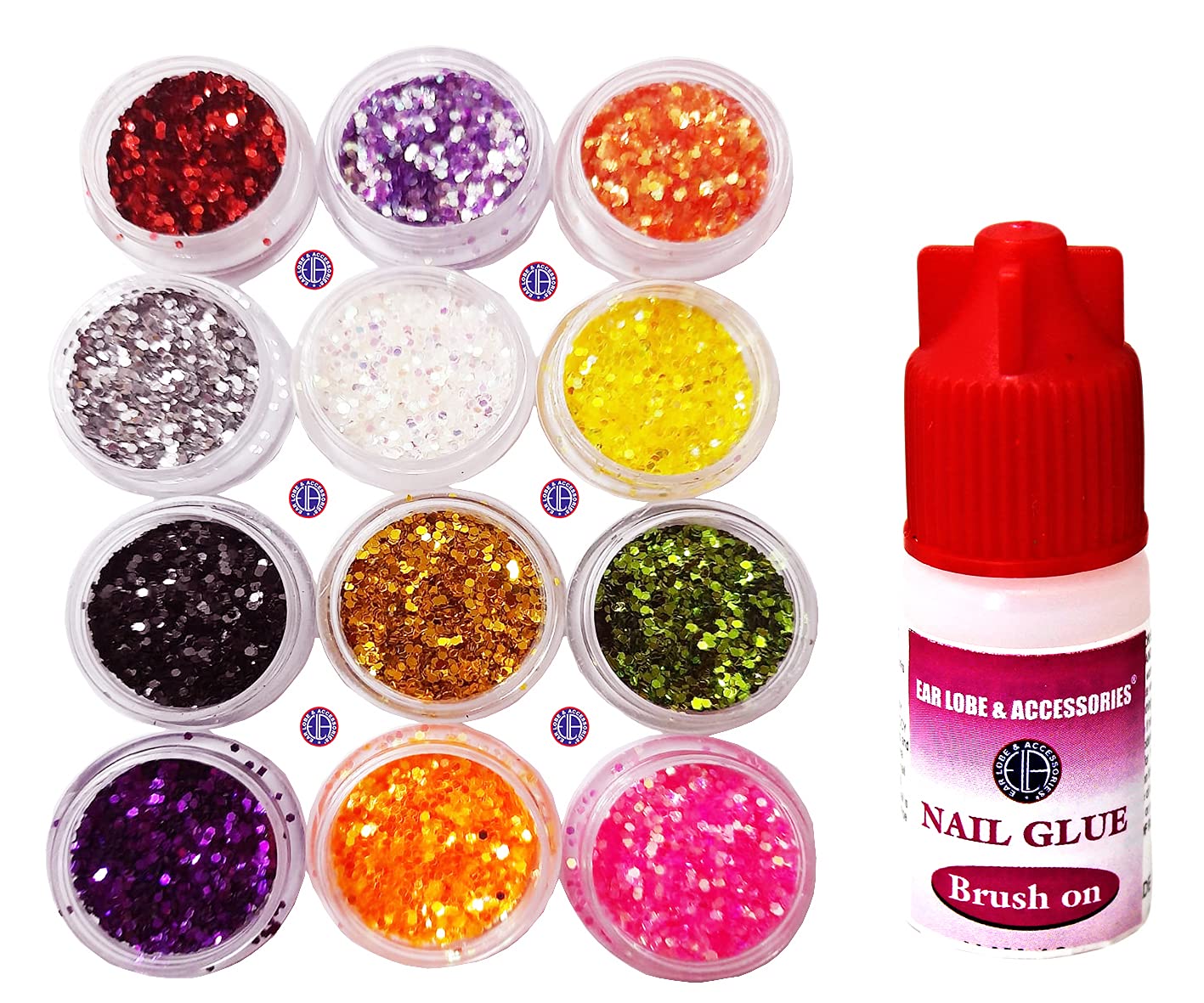 12 Colors Ear Lobe & Nail Art Glitter Set with Adhesive Glue - Perfect for DIY Jewelry, Nail Designs, and Creative Crafts