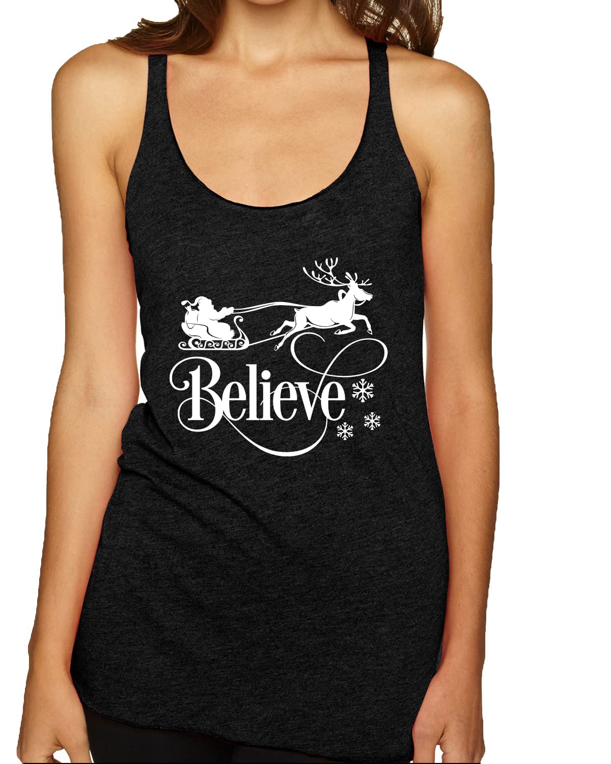Believe Santa Flying Sleigh Christmas Tri-Blend Racerback Tank Top - Festive Holiday Apparel for Christmas Parties & Family Gatherings