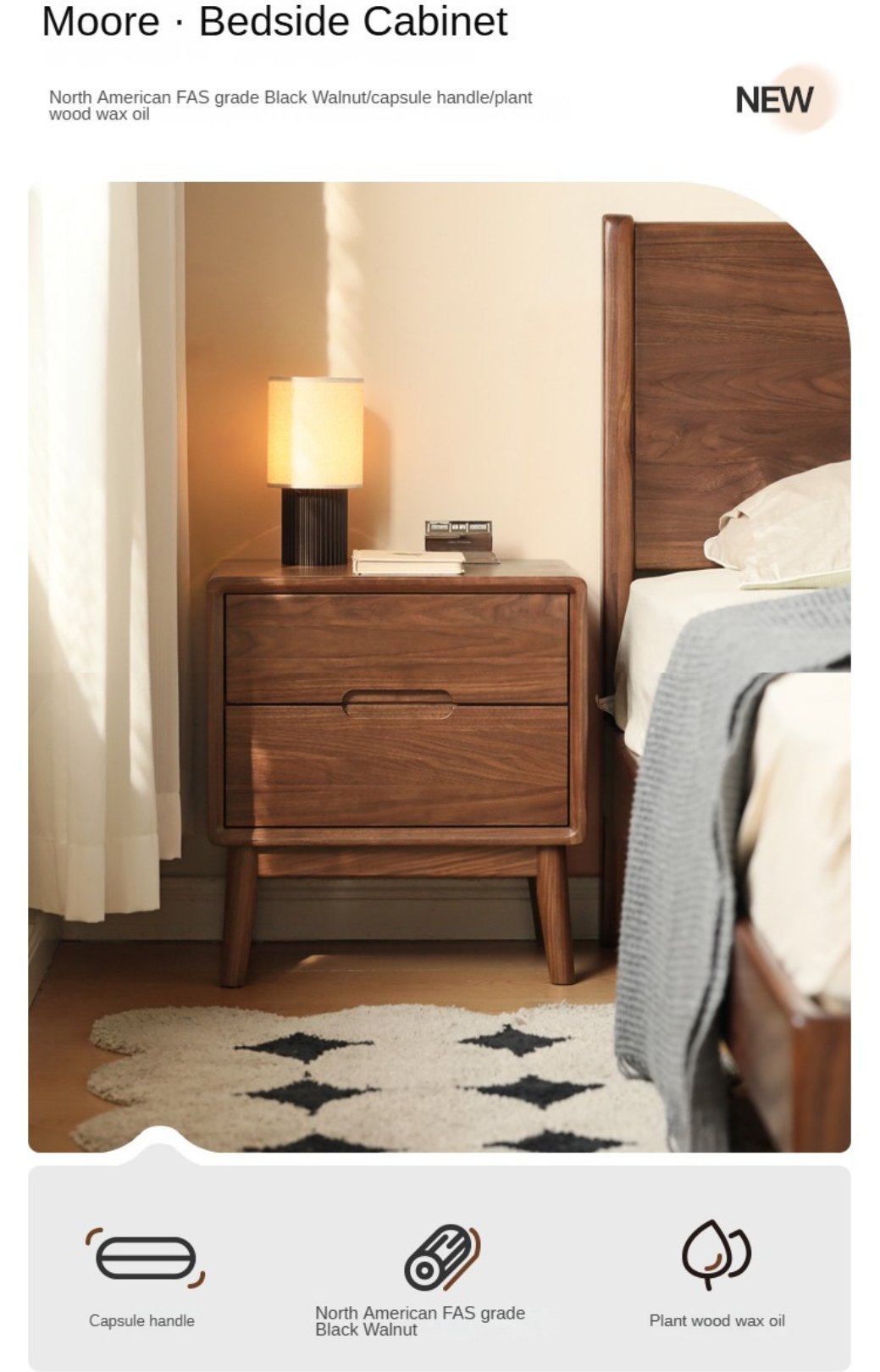 Premium Black Walnut Solid Wood Nightstand with Storage - Modern Bedside Table for Bedroom, Living Room & Guest Room - Durable & Stylish Furniture for Home Decor