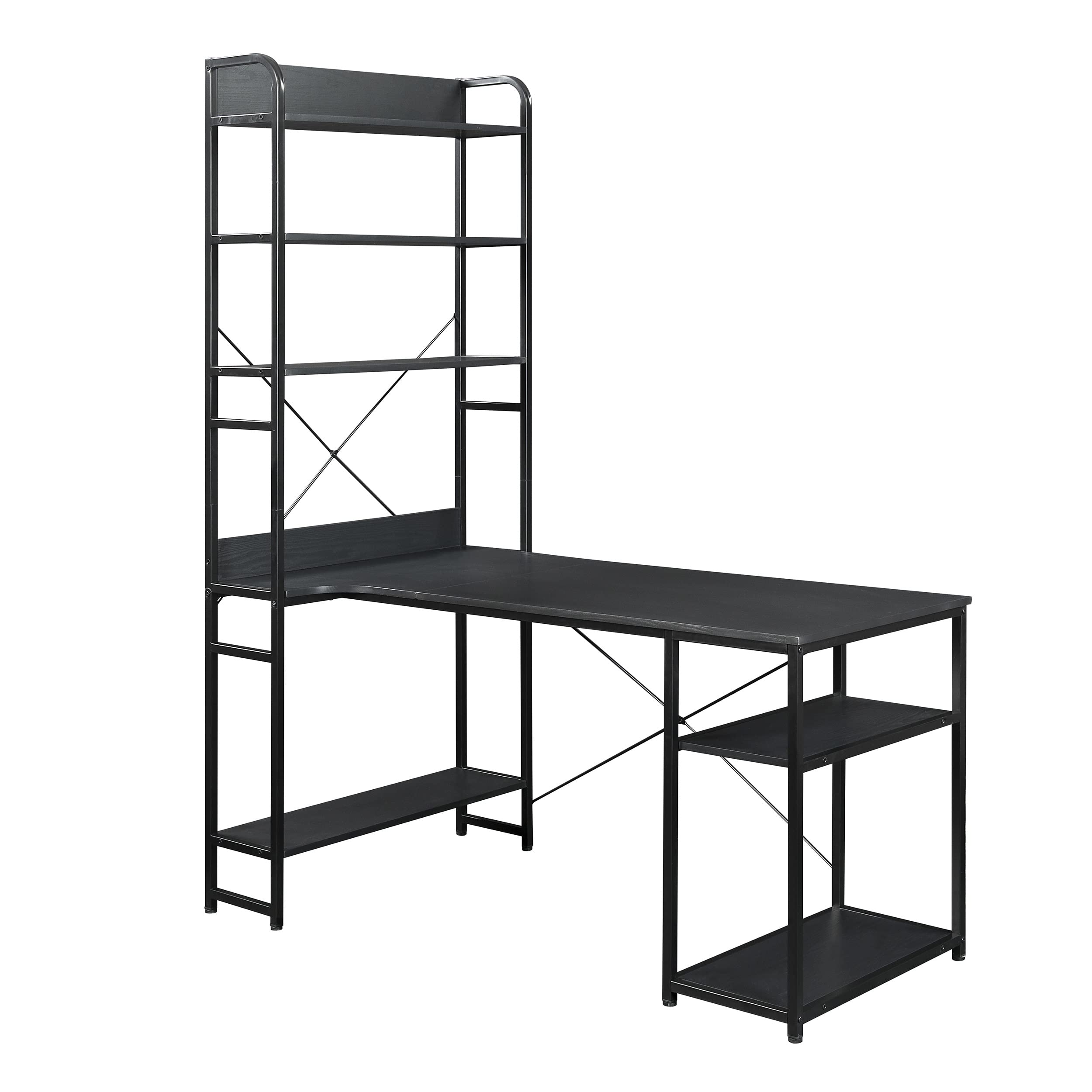 Stylish and Sturdy Home Office Desk with Steel Frame & MDF Top - 5-Tier Open Bookshelf, Large Storage Space (Black) - Perfect for Small Spaces, Remote Work, and Study Rooms