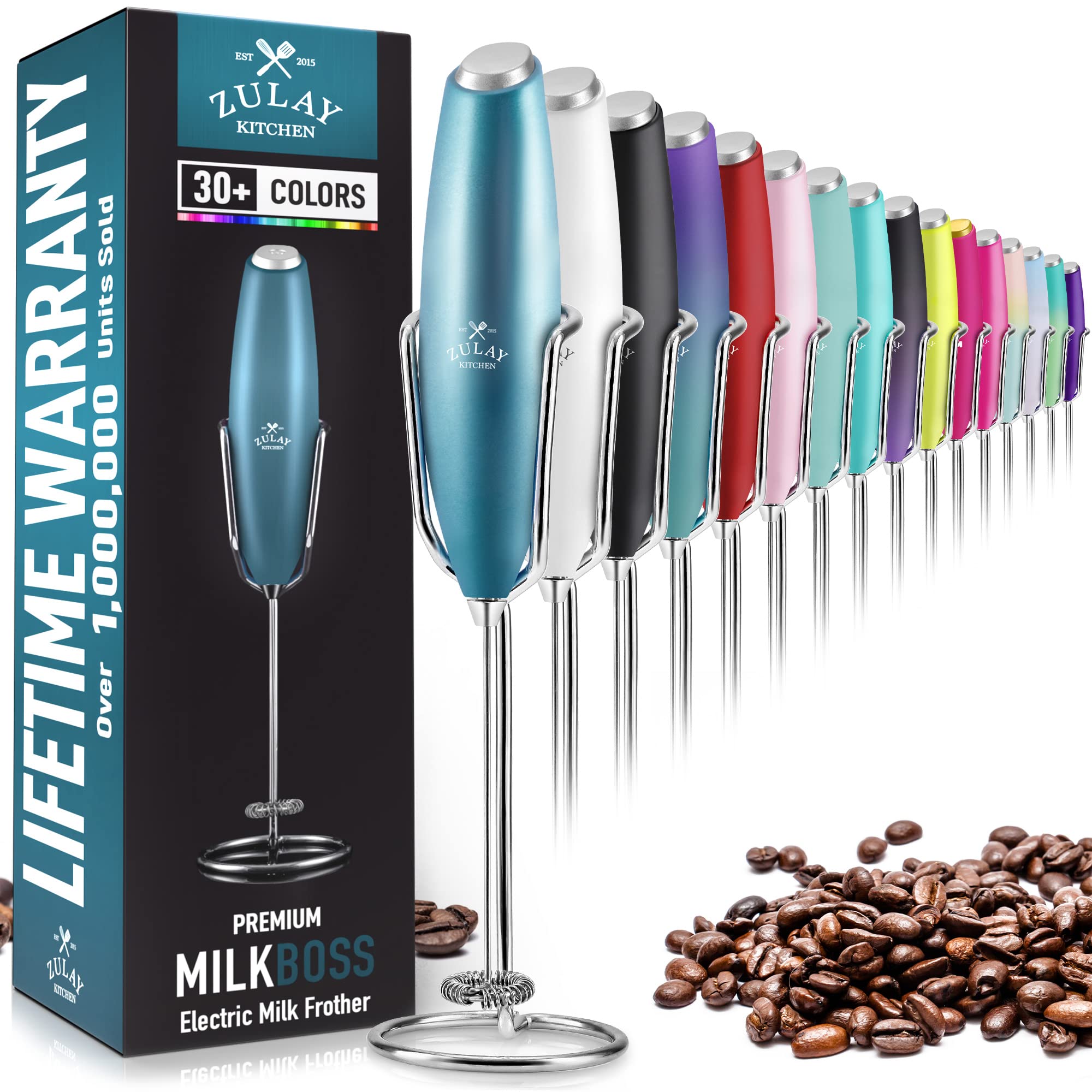 Premium Zulay Handheld Milk Frother - Upgraded Electric Coffee Foam Maker with Stainless Steel Whisk & Ultra Stand - Battery Operated for Lattes, Cappuccinos, Hot Chocolate - Perfect for Home, Office & Coffee Shops (Metallic Ice Blue)