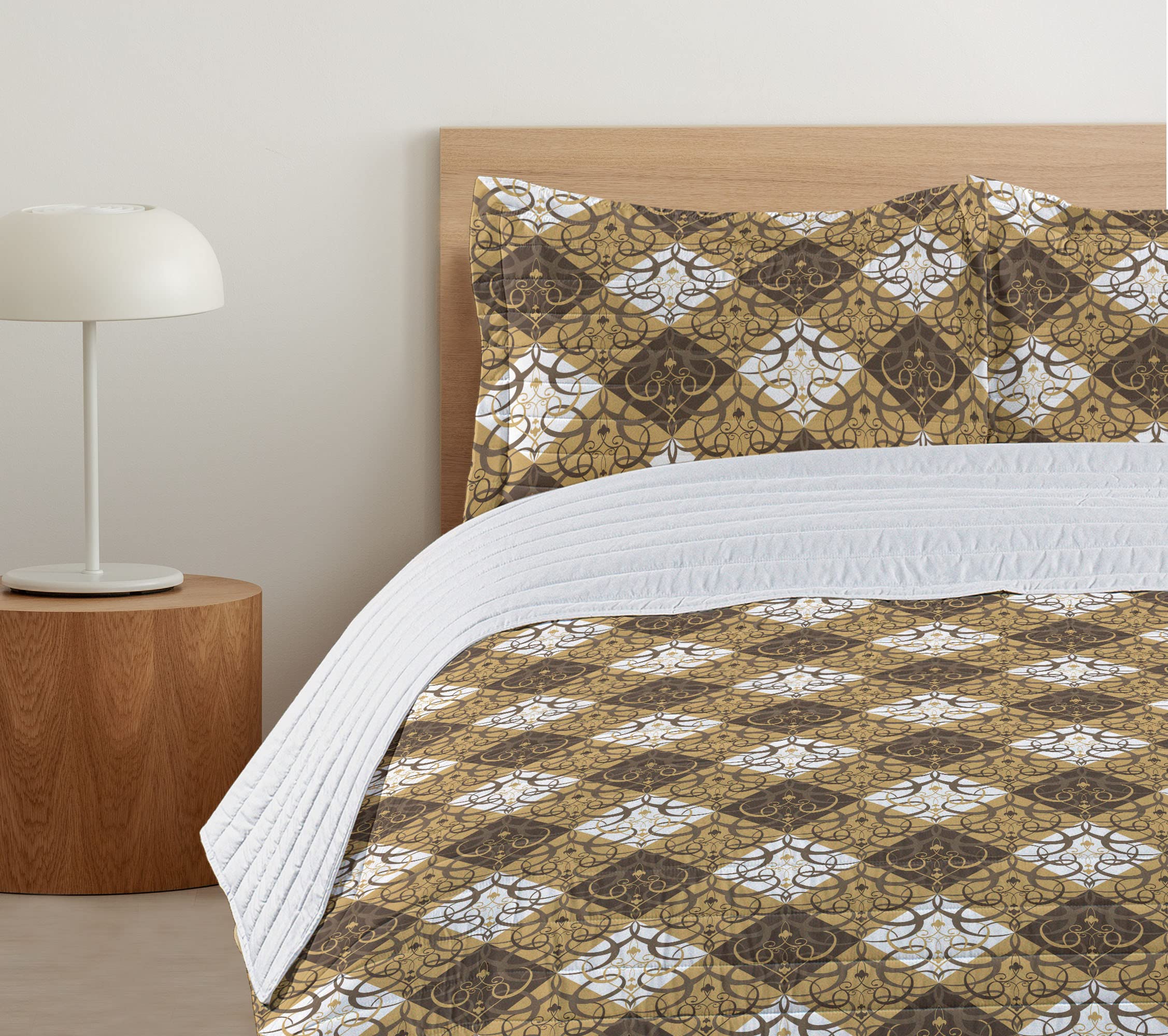 Ambesonne Oriental King Size Microfiber Bedspread Set - Traditional Damask Inspired Abstract Swirl Design, Soft Bedding with Pillow Shams & Comforter in Sand Brown White & Umber - Perfect for Master Bedroom, Guest Room & Luxury Hotel Decor