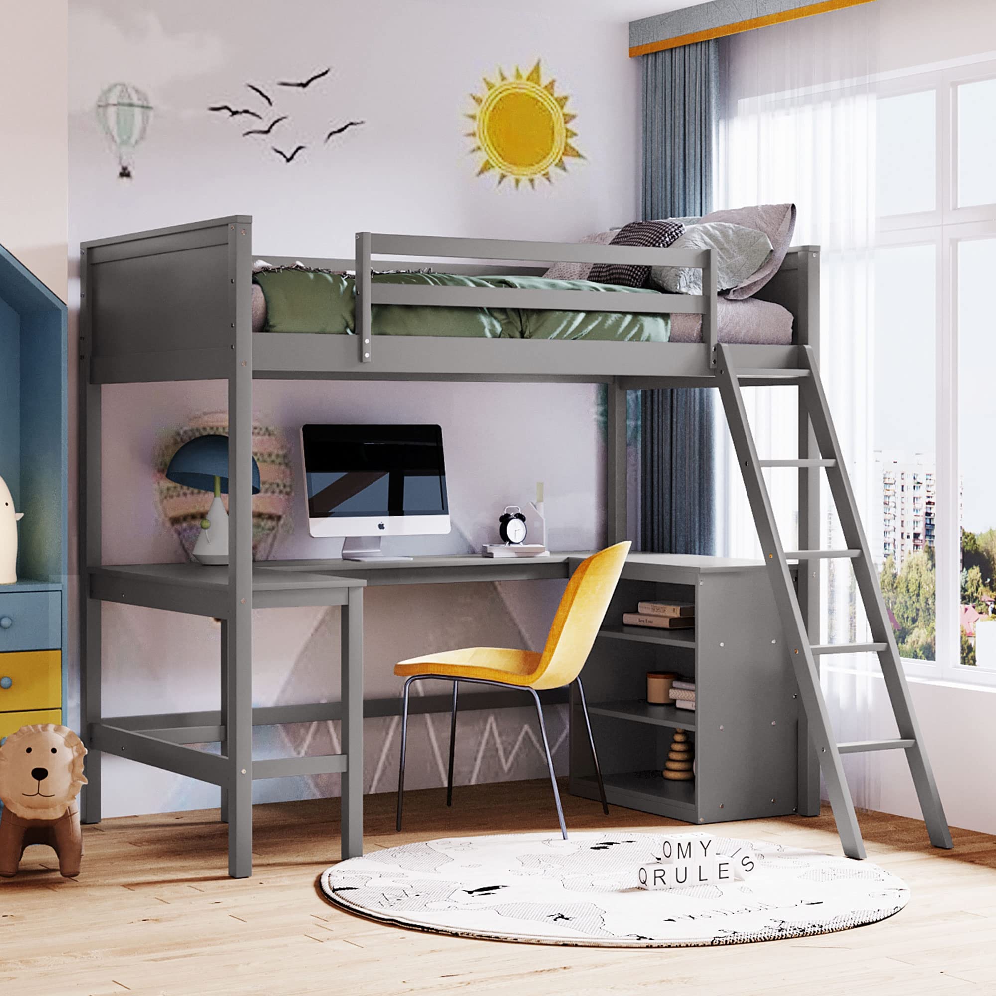 **Twin Loft Bed with Desk and Shelves - Sturdy Wood Loft Bed Frame with Storage Drawers for Kids, Teens & Adults - Space-Saving Gray Bedroom Furniture for Small Rooms & Dorm Living**