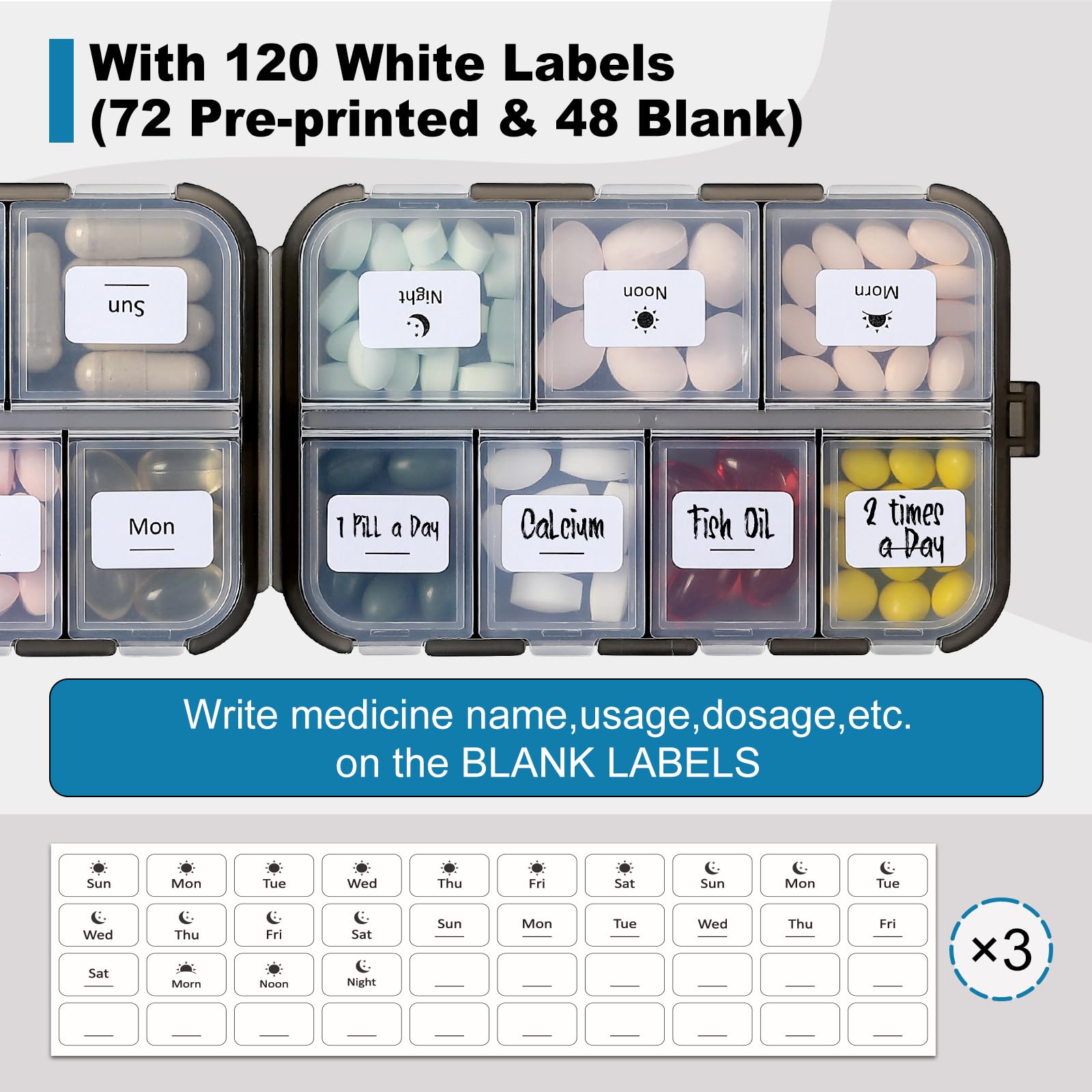 3 Pack 14-Grid Travel Pill Organizer Box with Labels - Portable Medicine Case for Daily Vitamins, Fish Oil & Supplements - Clear Plastic Pharmacy Container - Perfect for Travel, Work & Home Use