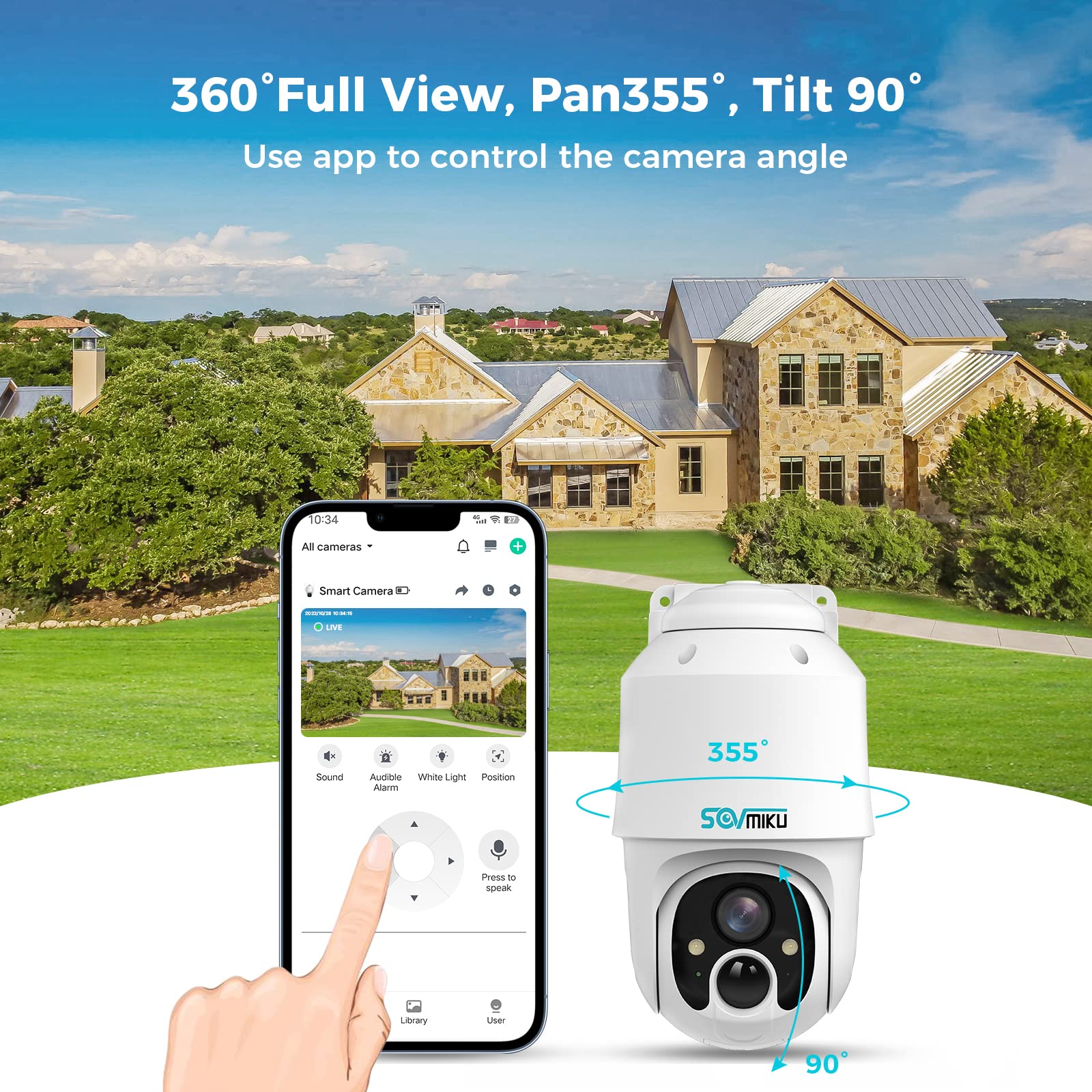 SOVMIKU 2A1 4MP Solar-Powered Wireless Outdoor Security Camera with 2-Year Free Cloud Storage, Two-Way Audio, Motion Detection, 360° Pan/Tilt, Color Night Vision & Alarm - Ideal for Home, Garage, Yard & Business Surveillance