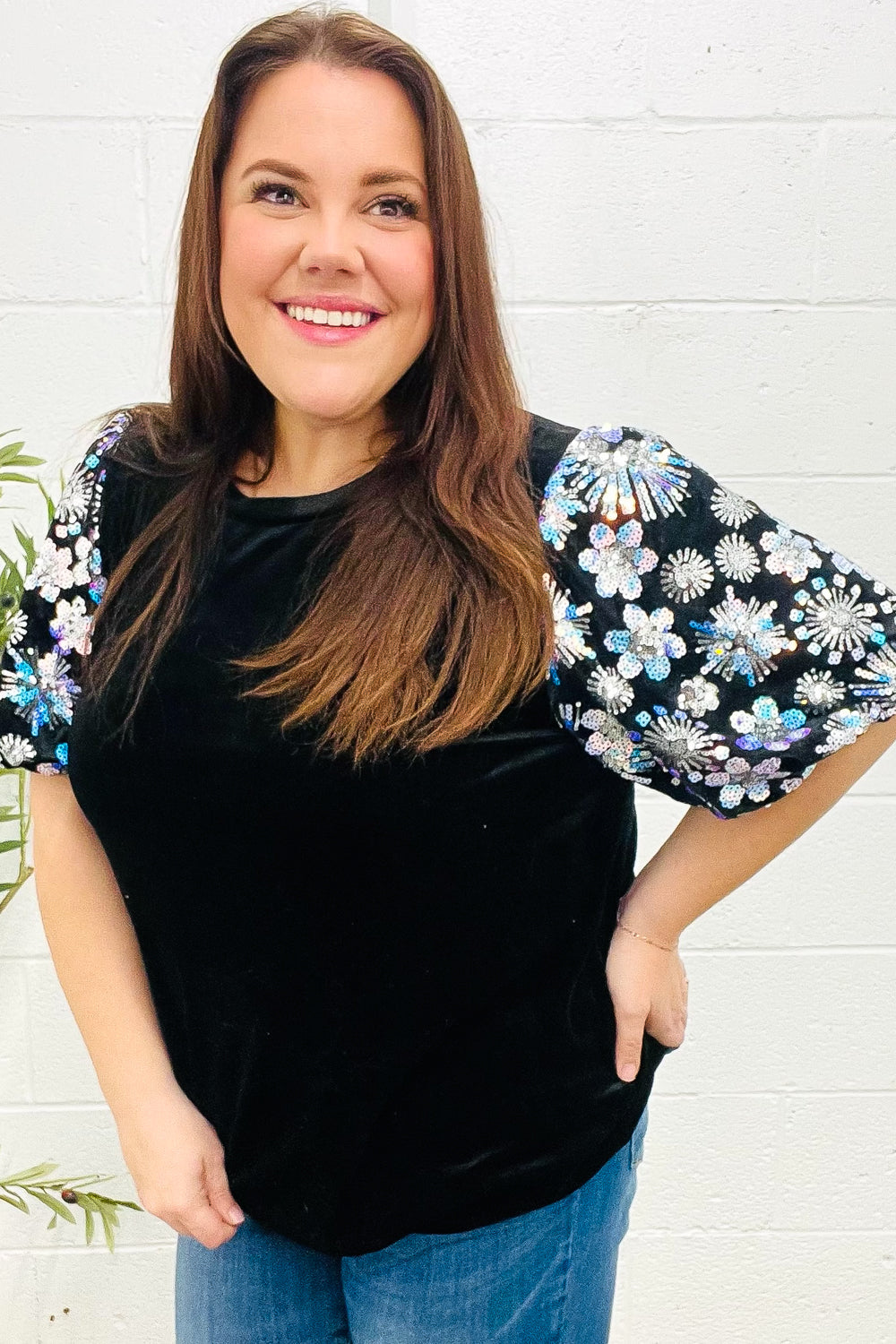 Glamorous Black Floral Sequin Puff Sleeve Velvet Top for Women | Elegant Party Blouse | Perfect for Evening Events, Date Nights & Special Occasions