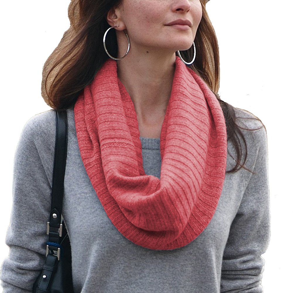 Parisbonbon Women's 100% Cashmere Ribbed Infinity Scarf - Soft Coral Pink Winter Accessory for Office, Travel & Casual Outfits