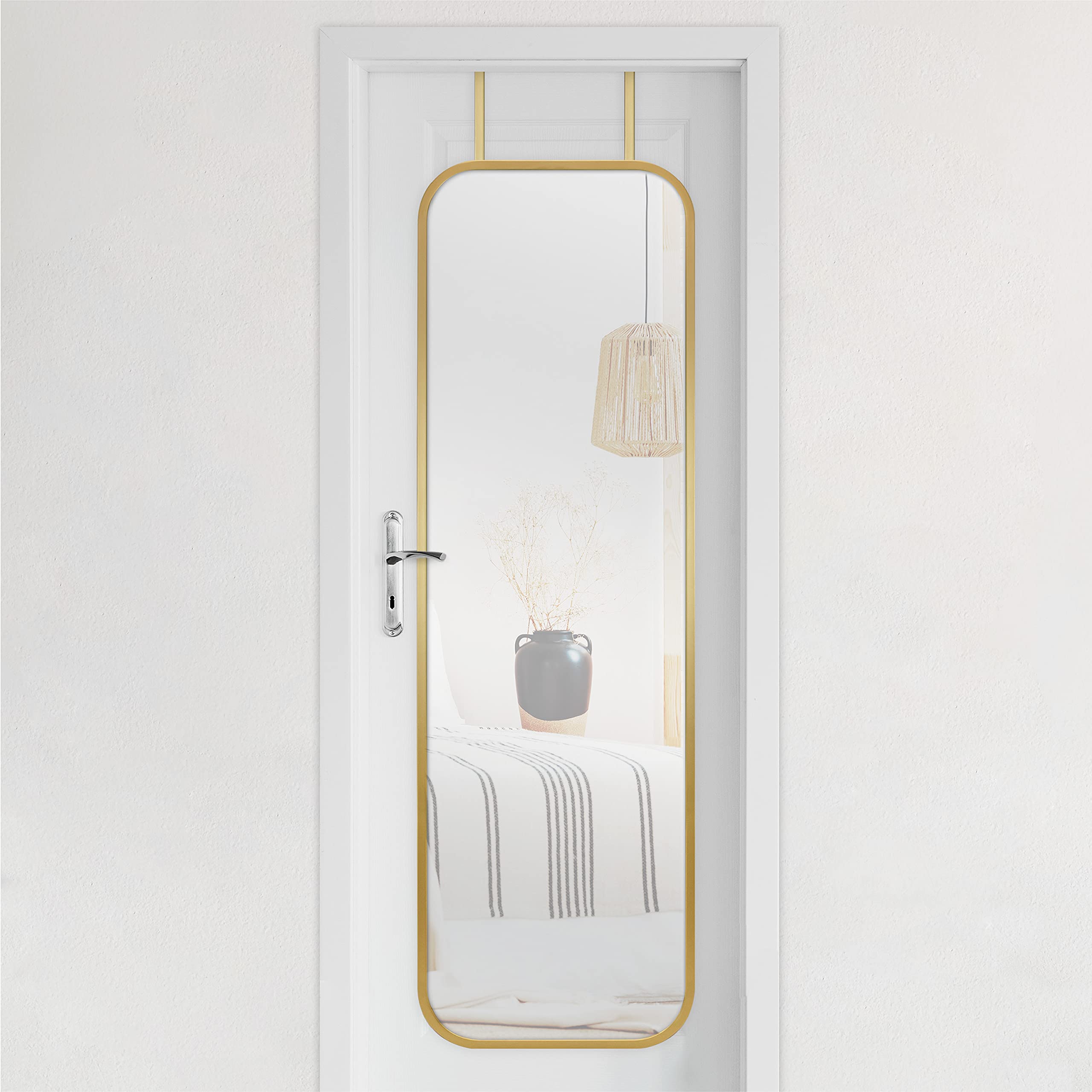 17x55 Inch Brass Over The Door Mirror - Full Length Hanging Mirror with Rounded Corners for Bedroom & Bathroom - No Tools Installation - Perfect for Vanity, Dressing Room & Closet Organization
