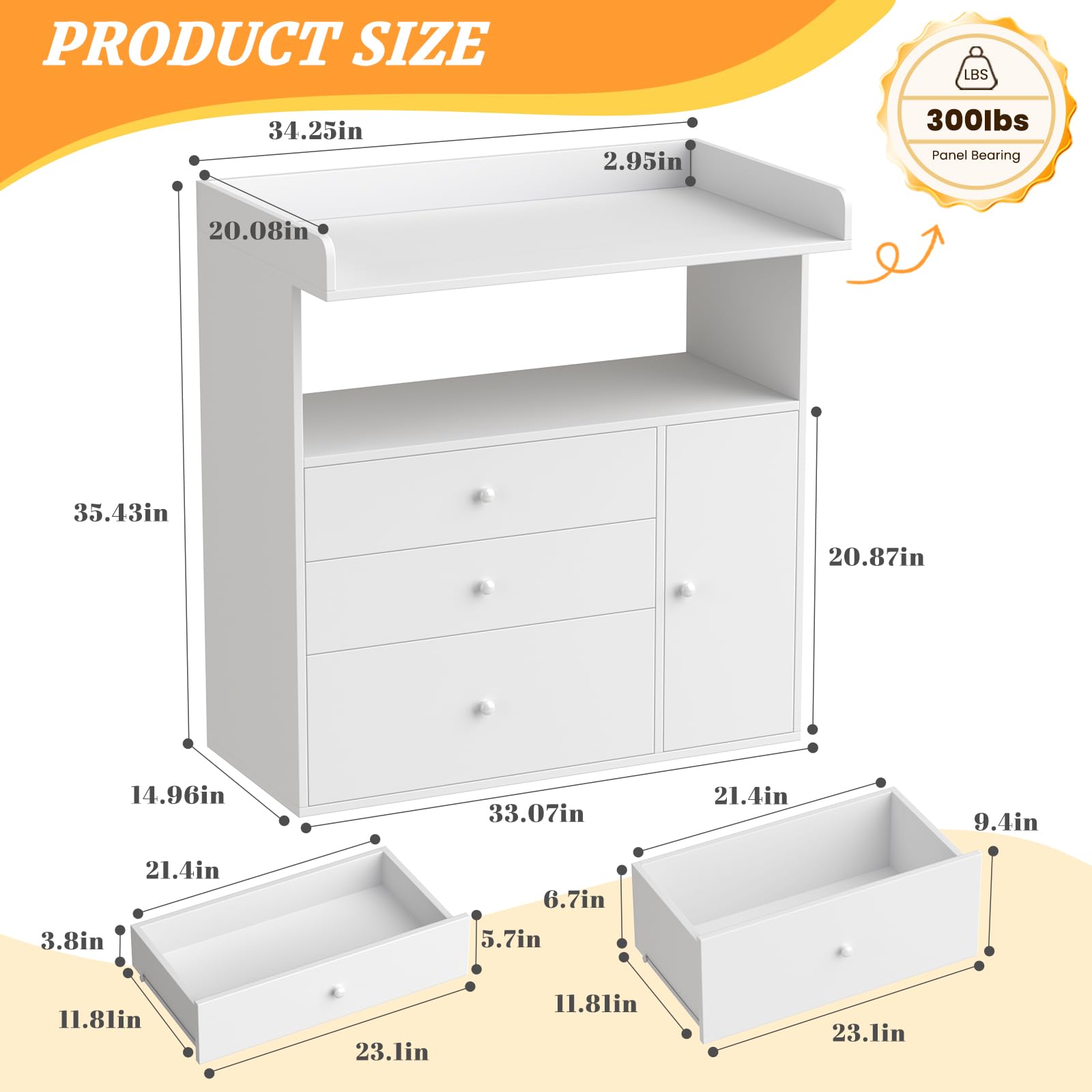 Baby Changing Table Dresser with Wide Tabletop - 3 Drawers & 1 Cabinet Storage - Nursery Organizer with Changing Pad Area - Perfect for Baby Bedrooms, Daycare & Gift Registry Essentials