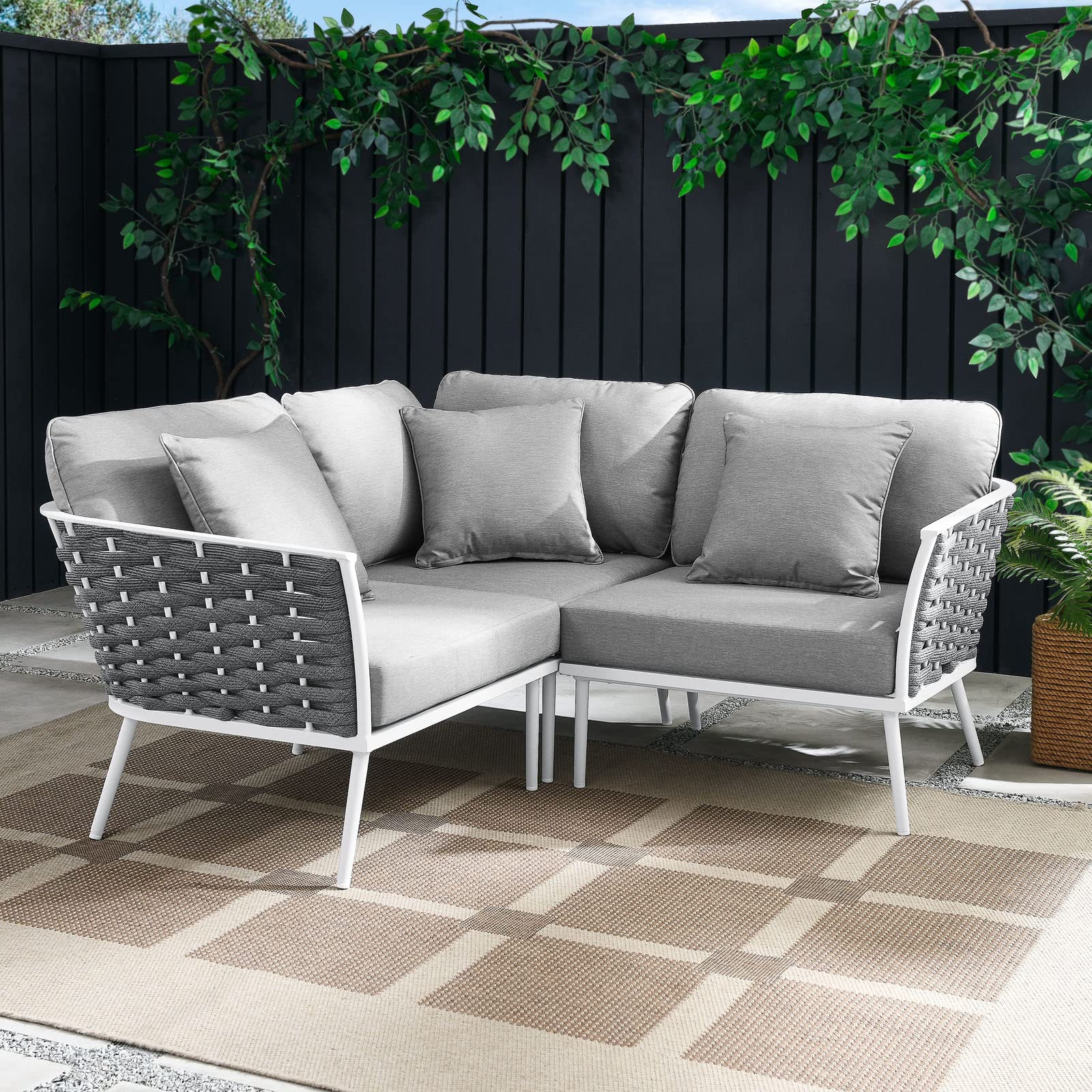 Modway Stance Outdoor Patio Woven Rope Aluminum Small Sectional Sofa Set - White & Gray - Perfect for Backyard, Poolside & Garden Relaxation