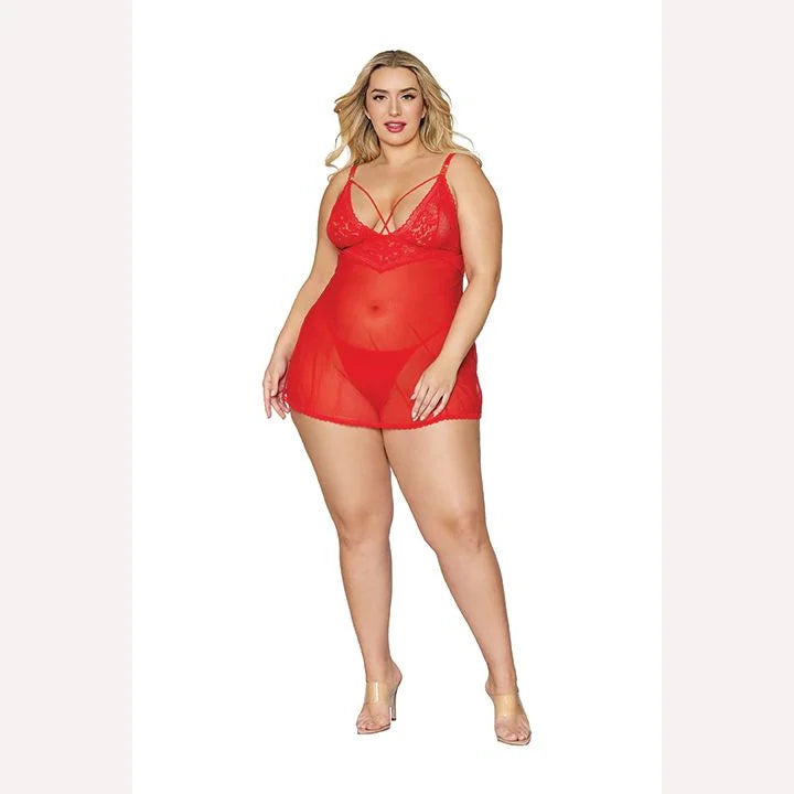 Sexy Lace & Mesh Babydoll & G-String Set in Lipstick Red - Plus Size Lingerie for Women | Romantic Nightwear, Boudoir Photo Shoot, Valentine's Gift