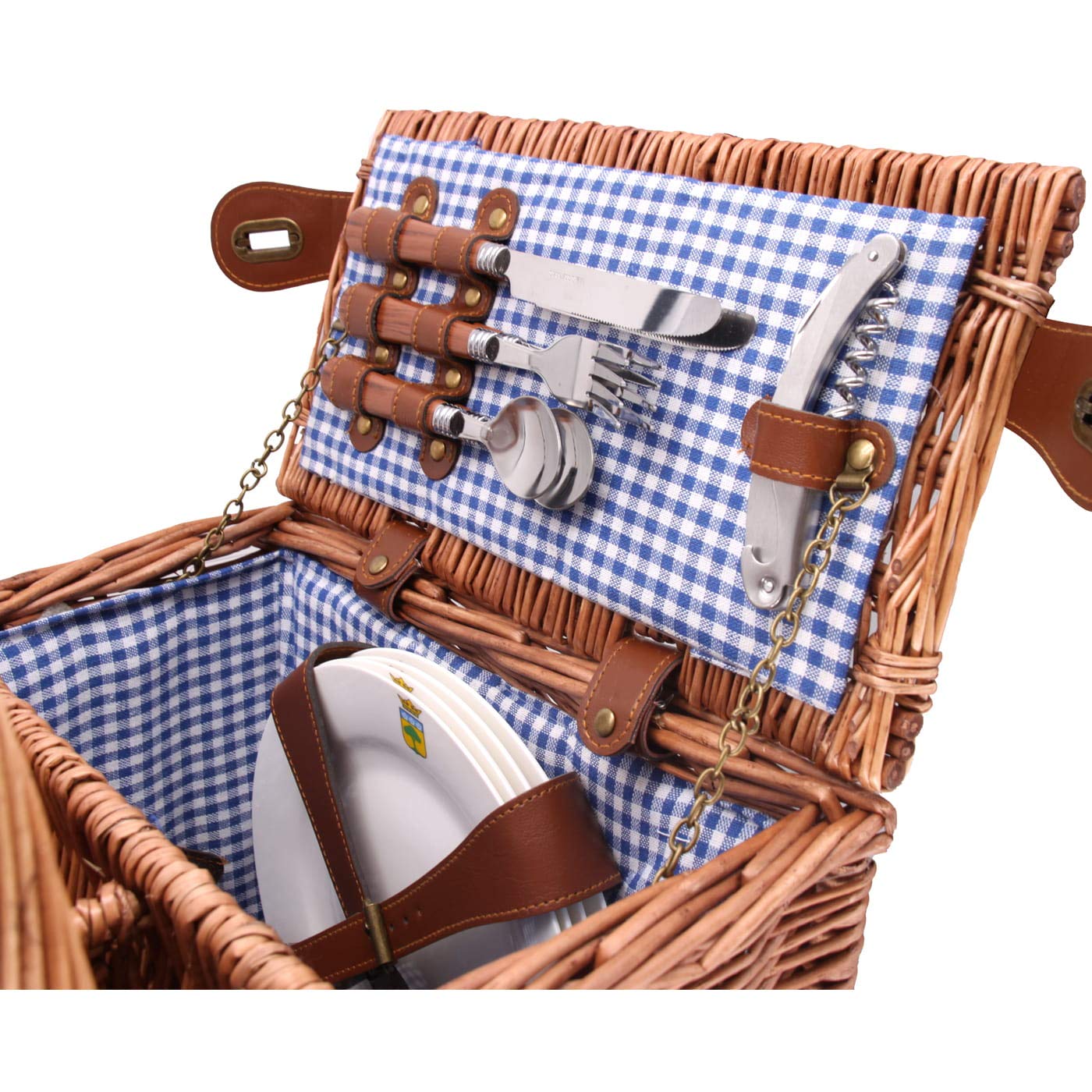 Les Jardins de la Comtesse - Saint Germain Vichy Blue Picnic Basket Set for 4 Persons - Insulated Cooler Compartment, 3 Bottle Holders & Ceramic Plates - 48 x 35 x 26 cm - Perfect for Outdoor Picnics, Beach Trips & Garden Parties