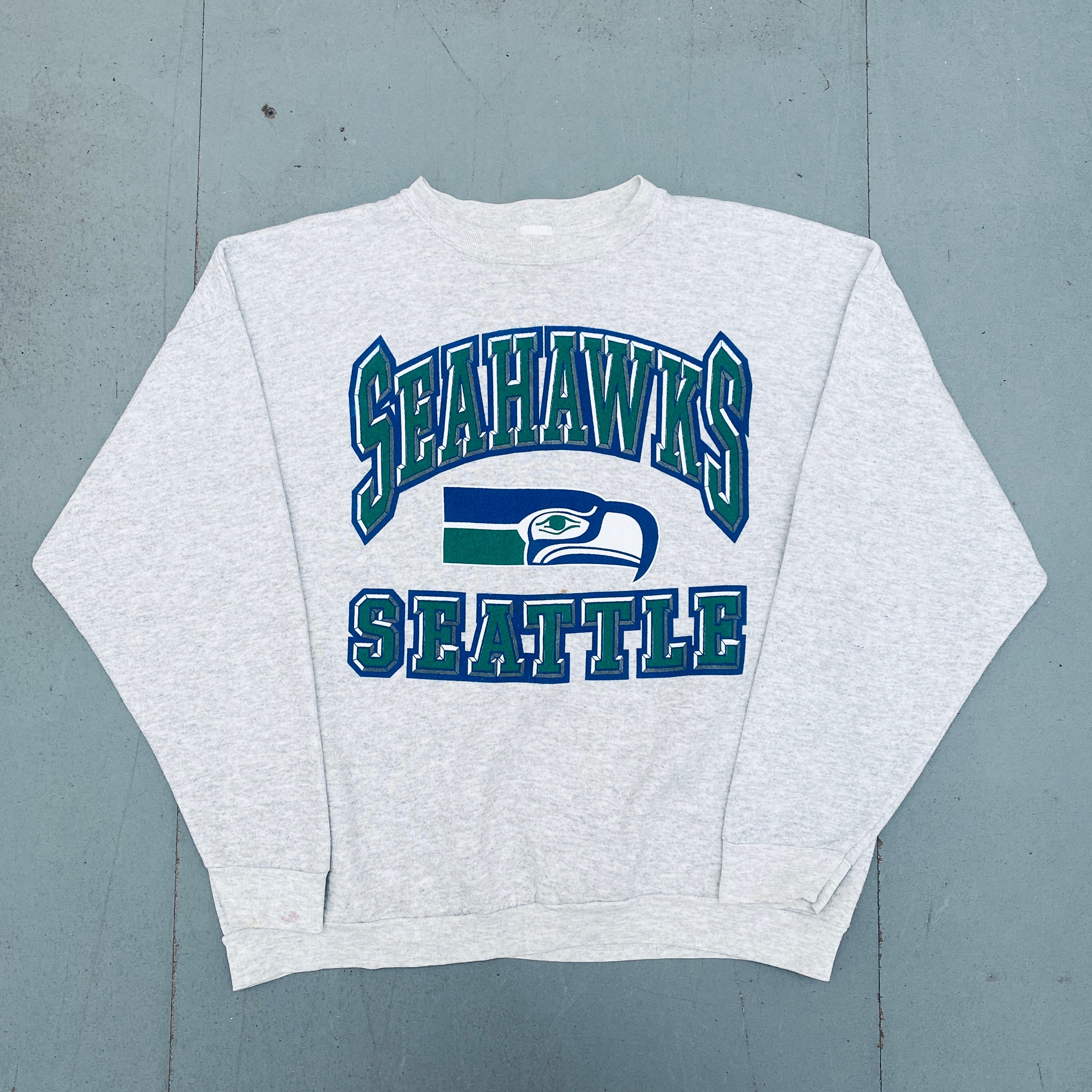 Seattle Seahawks 1990s Logo Graphic Spellout Sweatshirt (Large) - Vintage NFL Fan Apparel for Game Day & Casual Wear