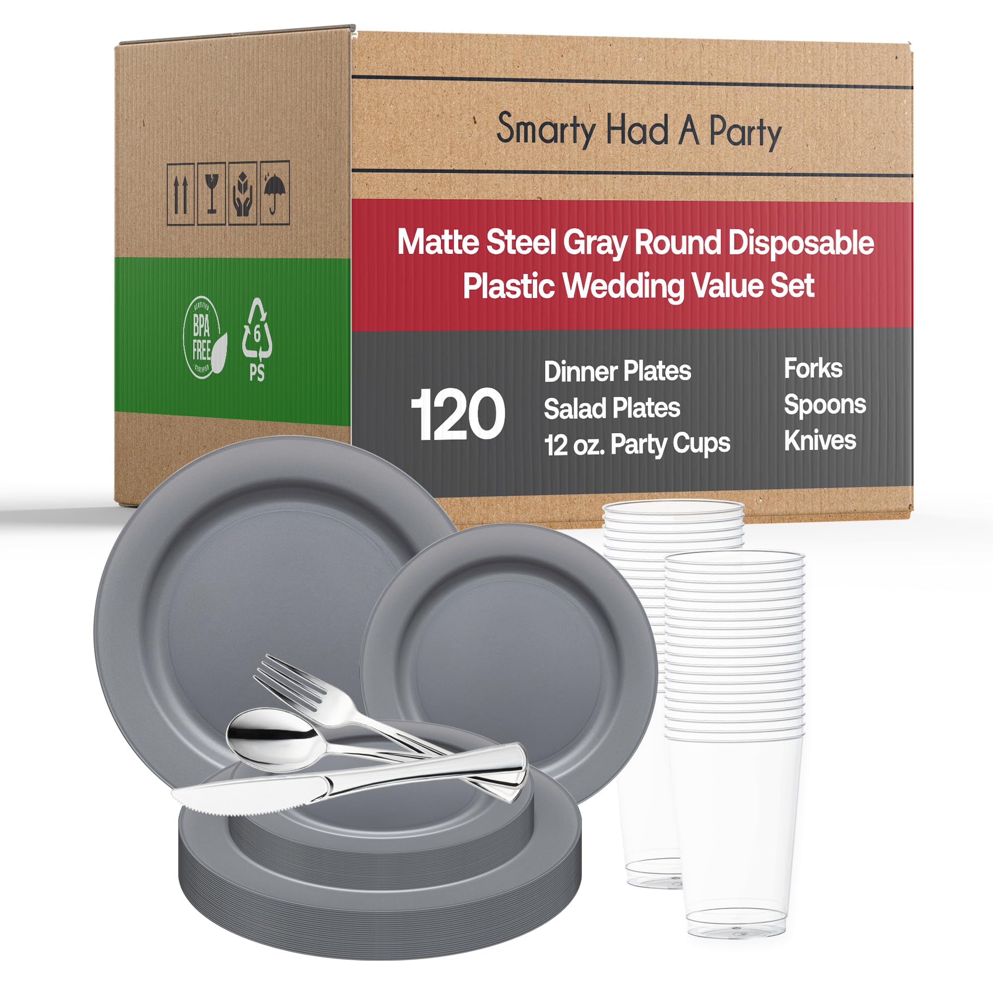 Smarty Had A Party - 120-Piece Disposable Plastic Dinnerware Set (Steel Gray) - Perfect for Large Gatherings, BBQs, Weddings & Outdoor Events