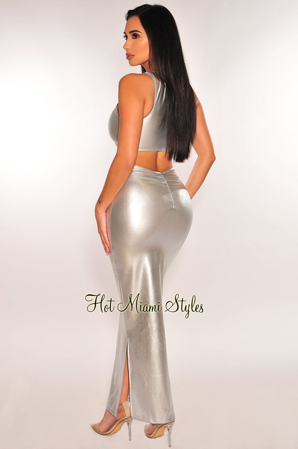 Silver Metallic Ruched Sleeveless Double Slit Skirt Two Piece Set - Women's Fashion Bodycon Outfit for Party, Club, Date Night & Special Occasions