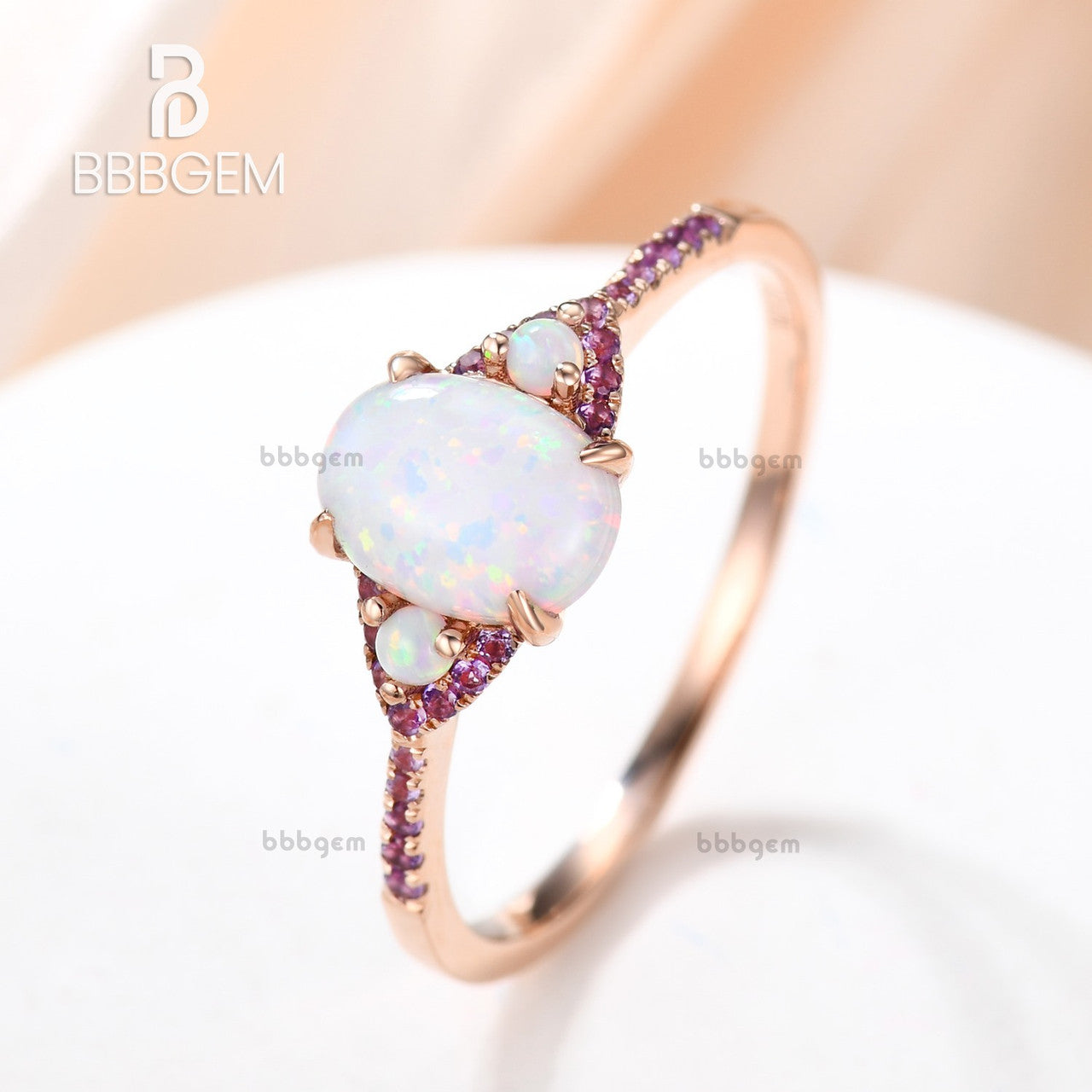 14K Oval Created Opal & Amethyst Halo Three-Stone Engagement Ring for Women | Vintage Inspired Wedding Band, Promise Ring, Anniversary Gift for Her