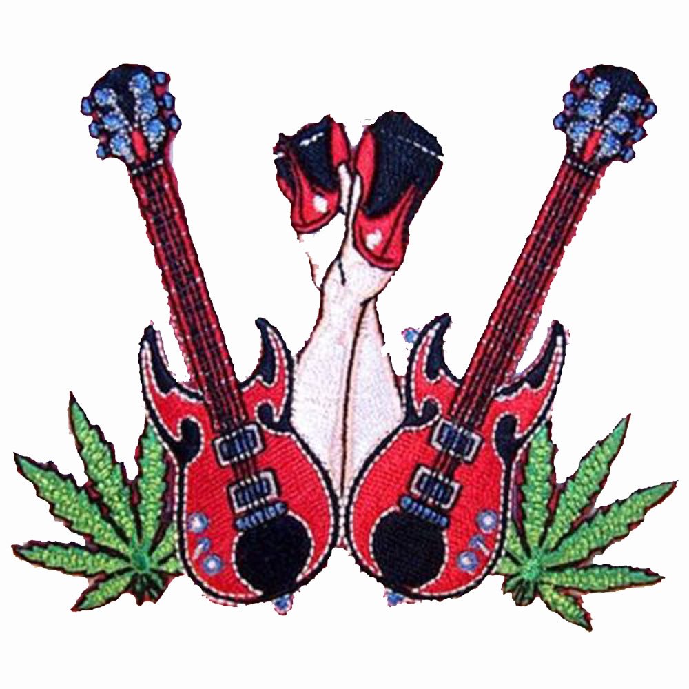 Rock & Roll Guitar & Marijuana Leaf Embroidered Biker Jacket Patch - Iron On or Sew On for Denim, Vest & Motorcycle Gear - Punk Style Accessory