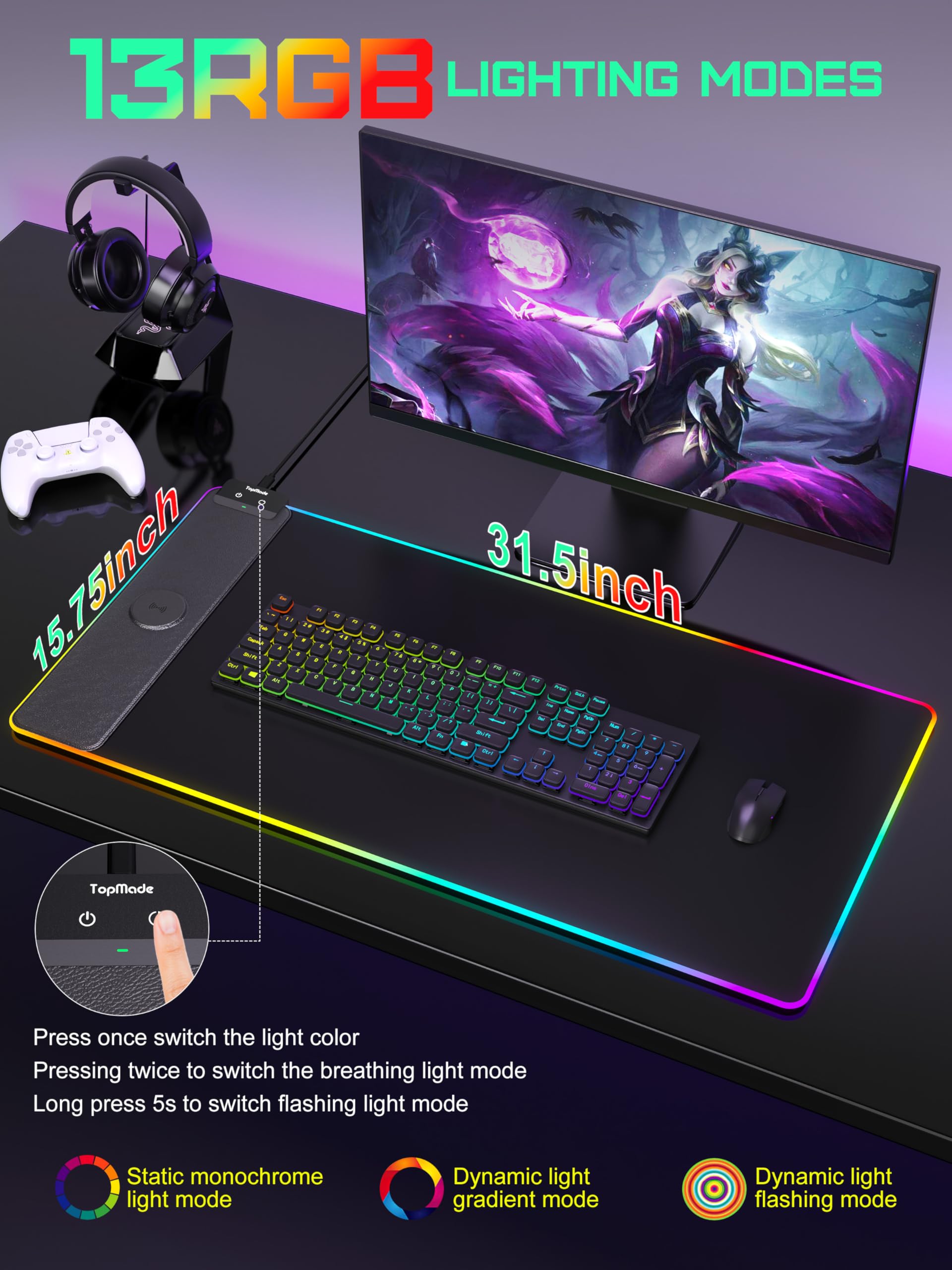 TopMade Wireless Charging Mouse Pad with RGB Lighting - 13 Light Modes, Ultra-Smooth Surface, Non-Slip Base, Waterproof Keyboard Pad - Large Gaming & Office Desk Mat (Classic Black) - Perfect for PC Gaming Setup, Home Office Workstation and Computer Desk Accessories