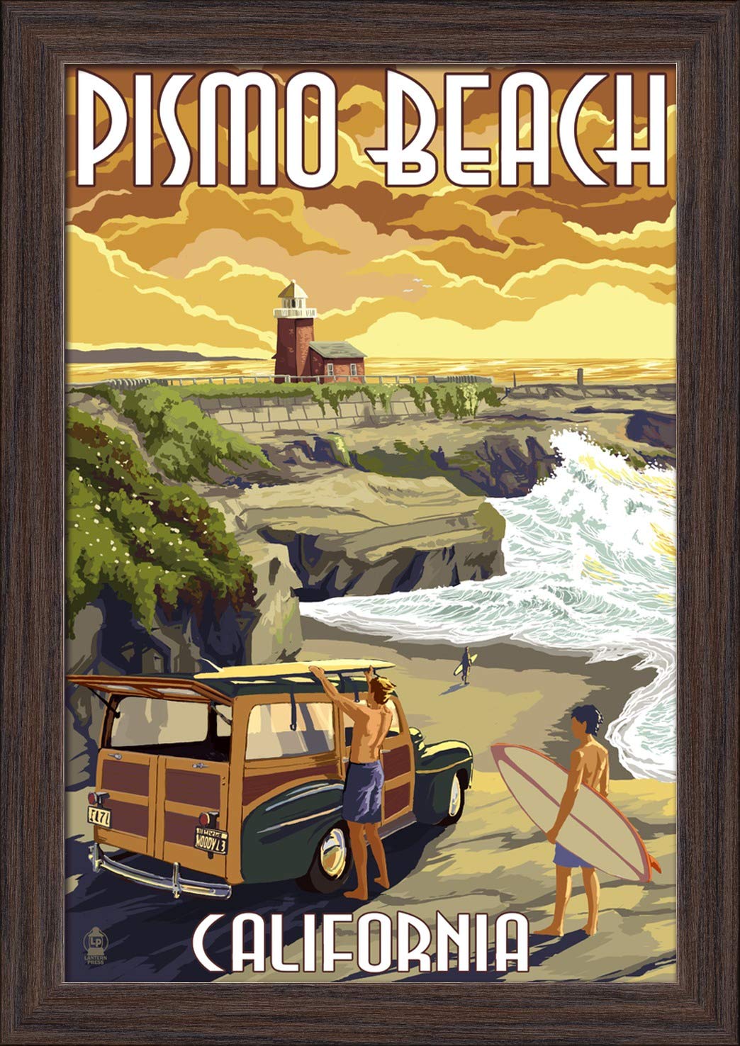 12x18 Giclee Fine Art Print - Pismo Beach California Landscape with Woody and Lighthouse - Recycled Wood Frame in Espresso Brown - Perfect for Coastal Home Decor, Beach House Wall Art, and California Themed Gifts