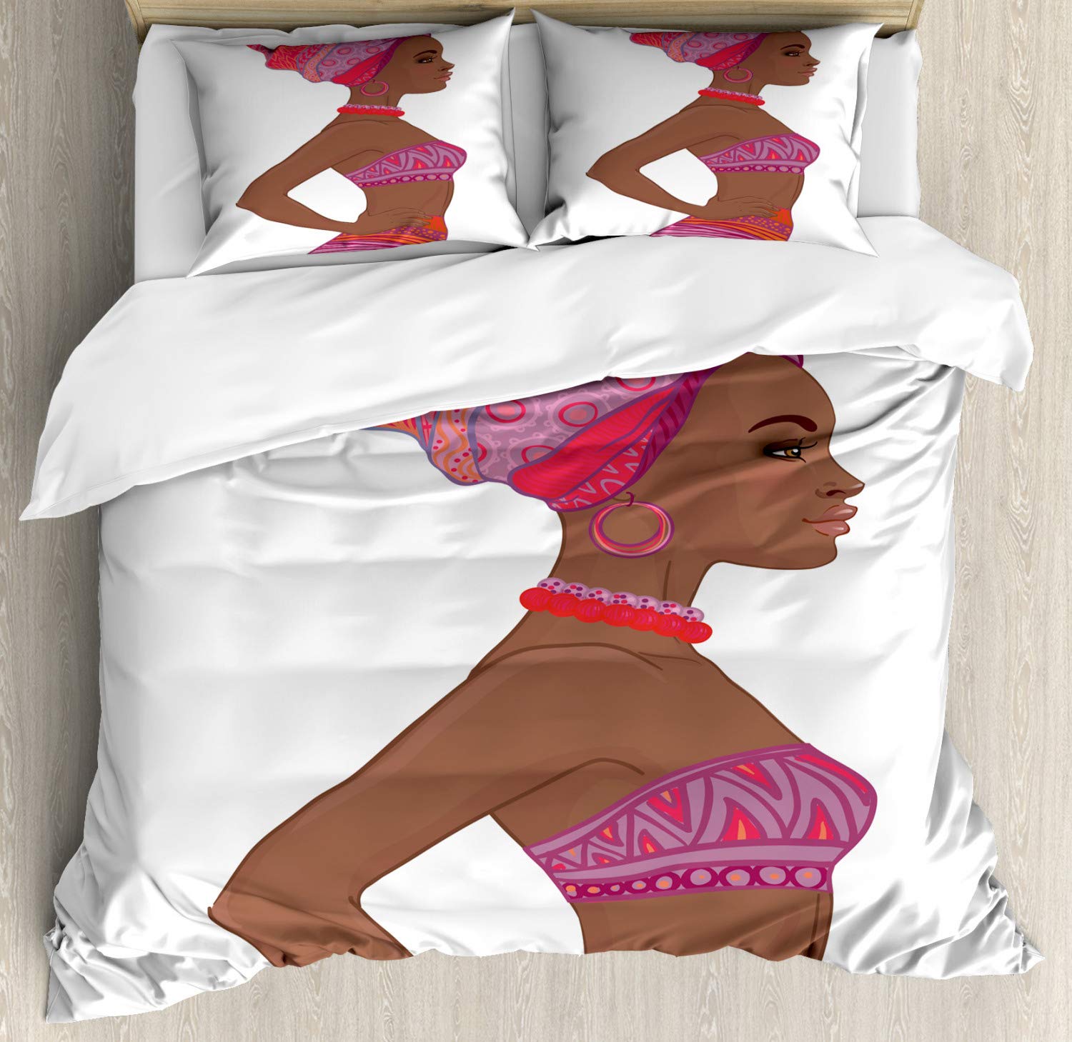 Ambesonne African Duvet Cover Set - Zulu Woman Tribal Print Bedding with 2 Duvet Covers & 4 Pillowcases, 2-Pack California King Size in Dark Coral Chocolate | Perfect for Boho Bedroom Decor, Guest Room Makeover & Cultural Themed Interior Design
