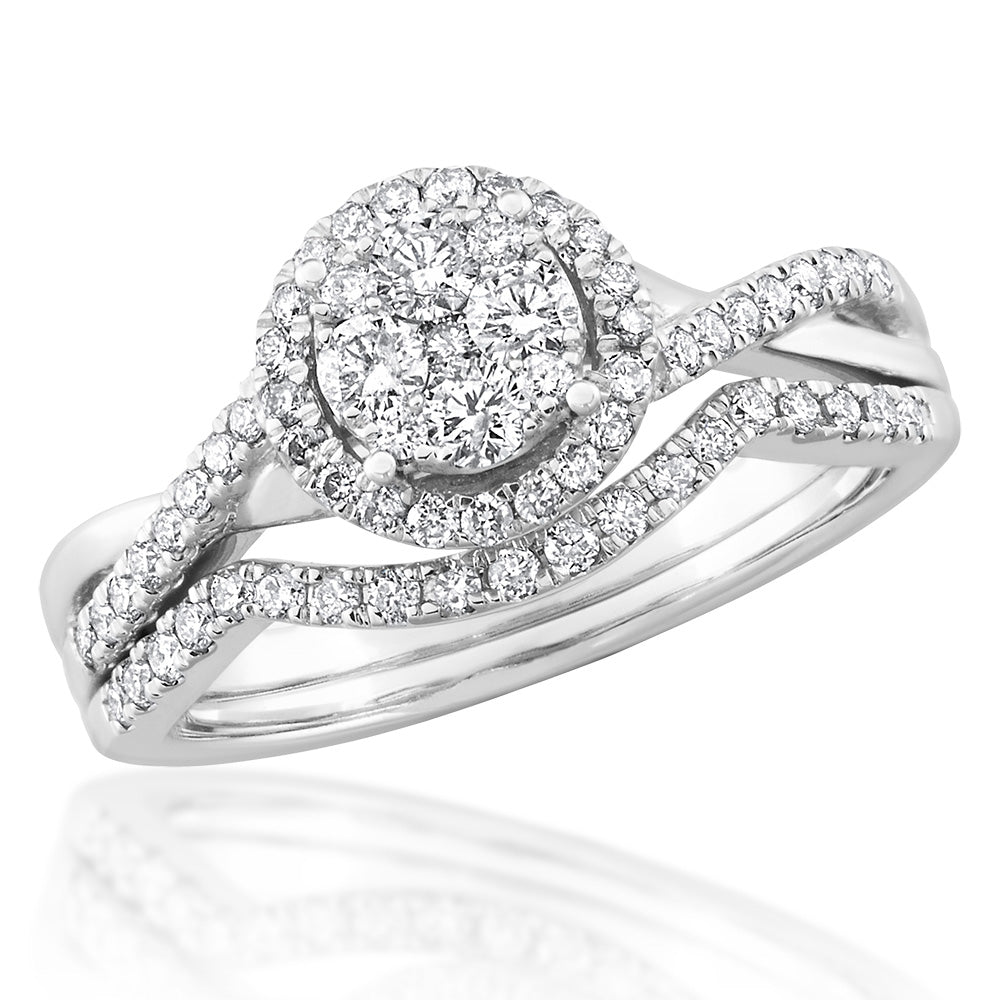 9ct White Gold 2 Ring Bridal Set With 3/5 Carats Diamonds - Elegant Wedding & Engagement Ring Set for Brides, Perfect for Proposals, Anniversaries & Special Occasions