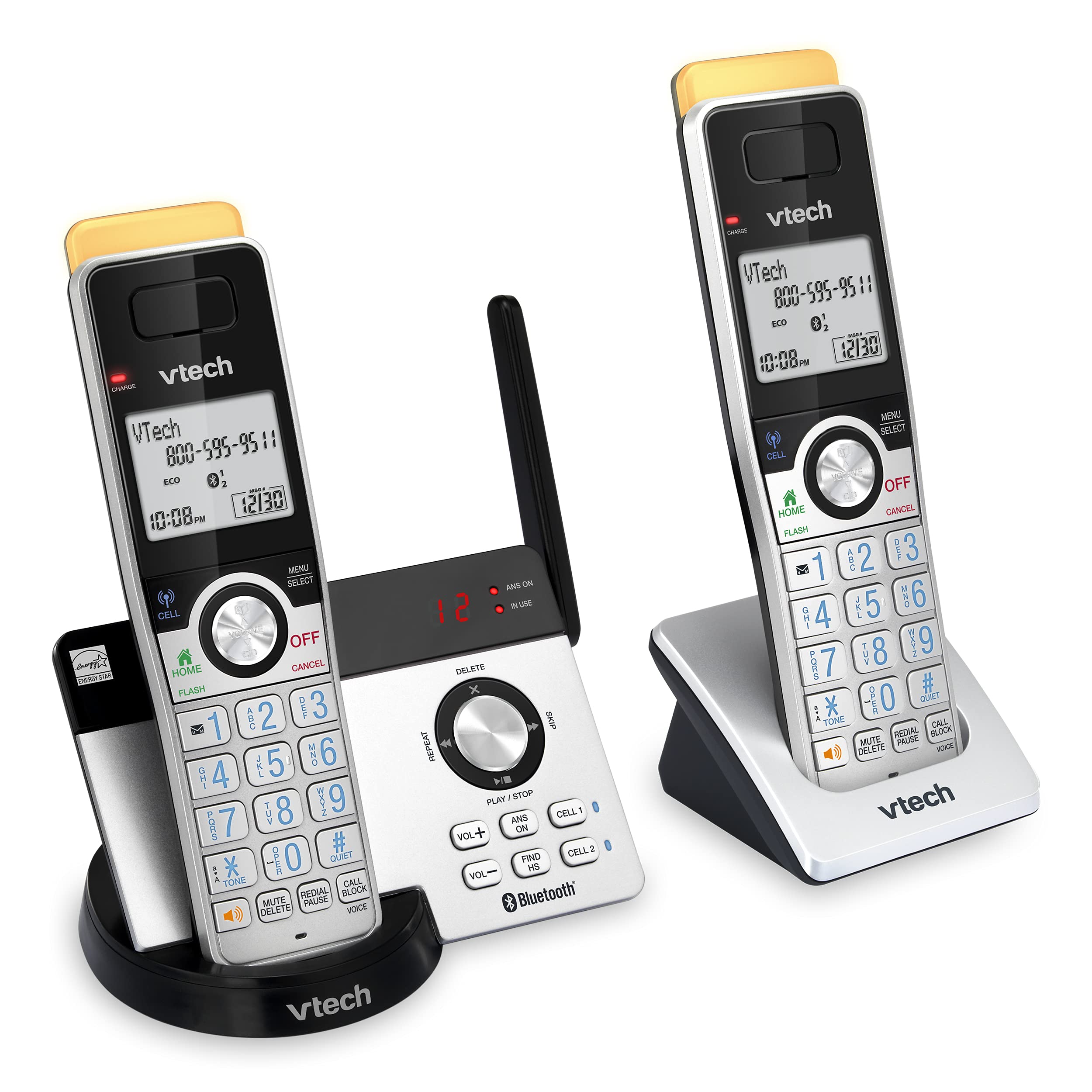 Vtech IS8121-2 Expandable Cordless Phone with 2 Handsets - Super Long Range, Bluetooth Connectivity, Smart Call Blocker & Digital Answering System (Silver/Black) - Perfect for Home Office & Large Houses
