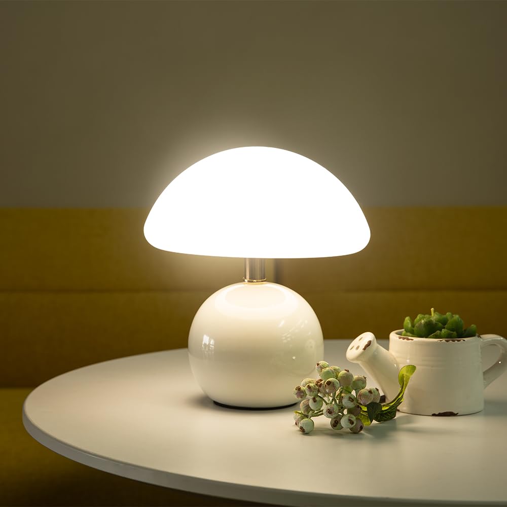 Mushroom Table Lamp - Modern Ceramic Nightstand Lamp with Dimmable Night Light, Plastic Shade, White Aesthetic Bedside Lamp for Unique Home Decor, Perfect for Bedrooms, Living Rooms, and Offices