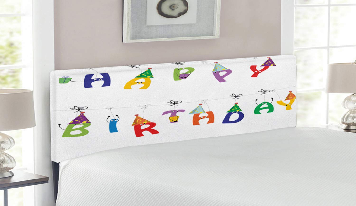 Ambesonne Queen Size Upholstered Headboard with Memory Foam - Colorful Birthday Party Design with Funny Faces & Pointy Hats - Decorative Metal Bed Frame Headboard for Bedroom Decor - Perfect for Birthday Parties & Festive Celebrations