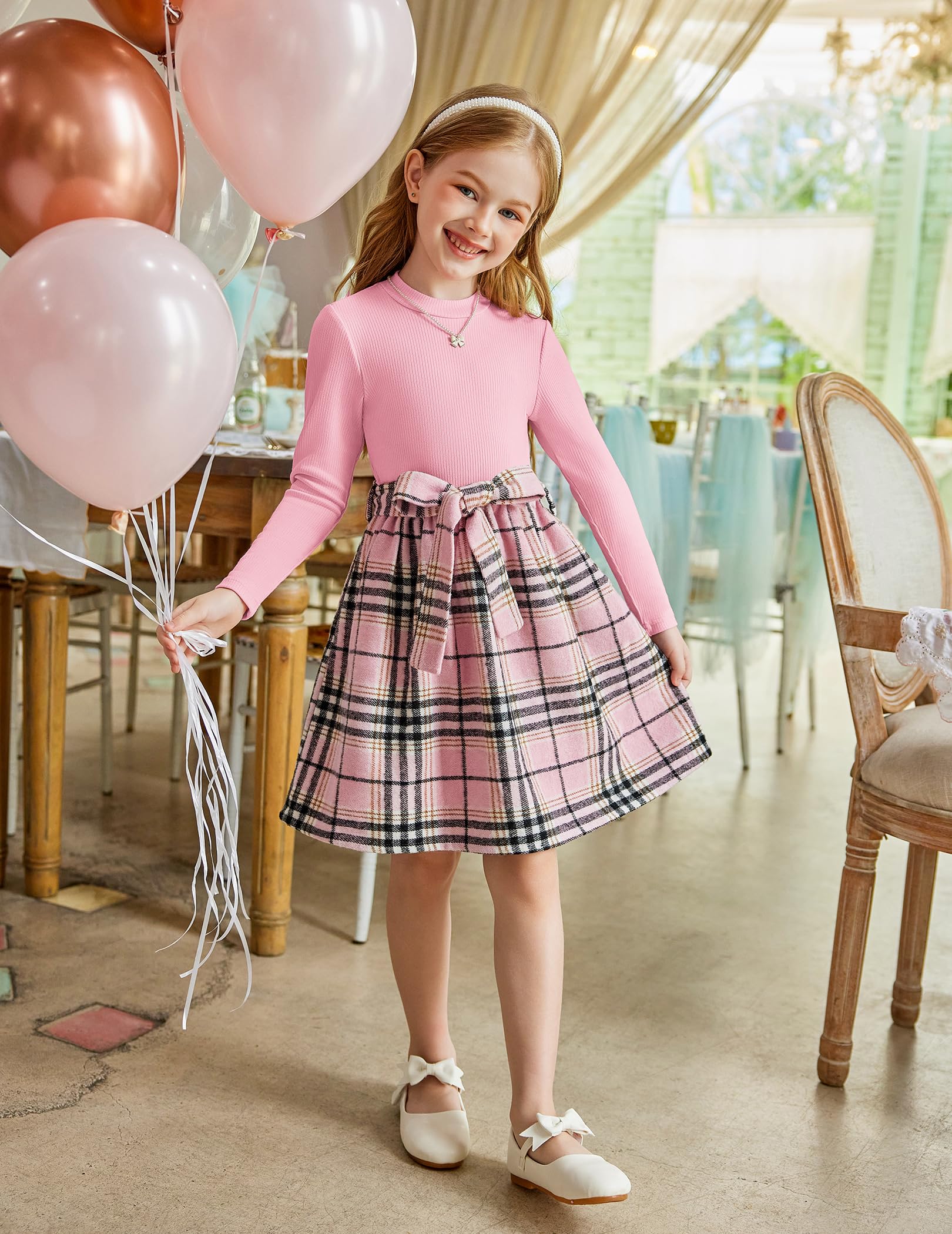 Arshiner Girls Long Sleeve Rib Knit Plaid Patchwork Belted Dress with Pockets | Cute & Comfortable Fall Winter Outfit for School, Party & Holiday Photos