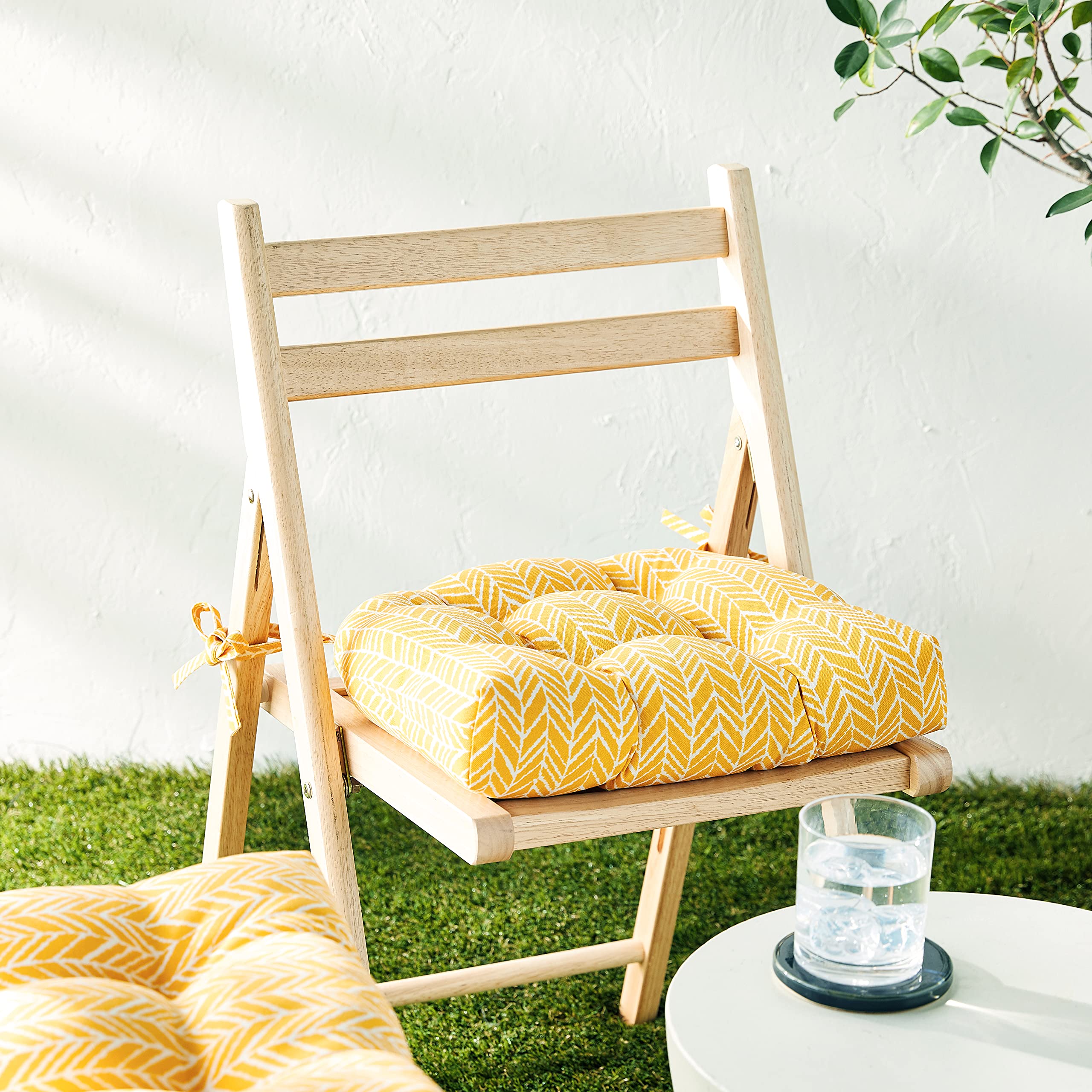 Premium Herringbone Pattern Chair Cushions - Set of 2 Egg Yolk Yellow Outdoor/Indoor Seat Pads - Water-Resistant & Comfortable - Perfect for Patio Furniture, Dining Chairs, and Deck Lounging