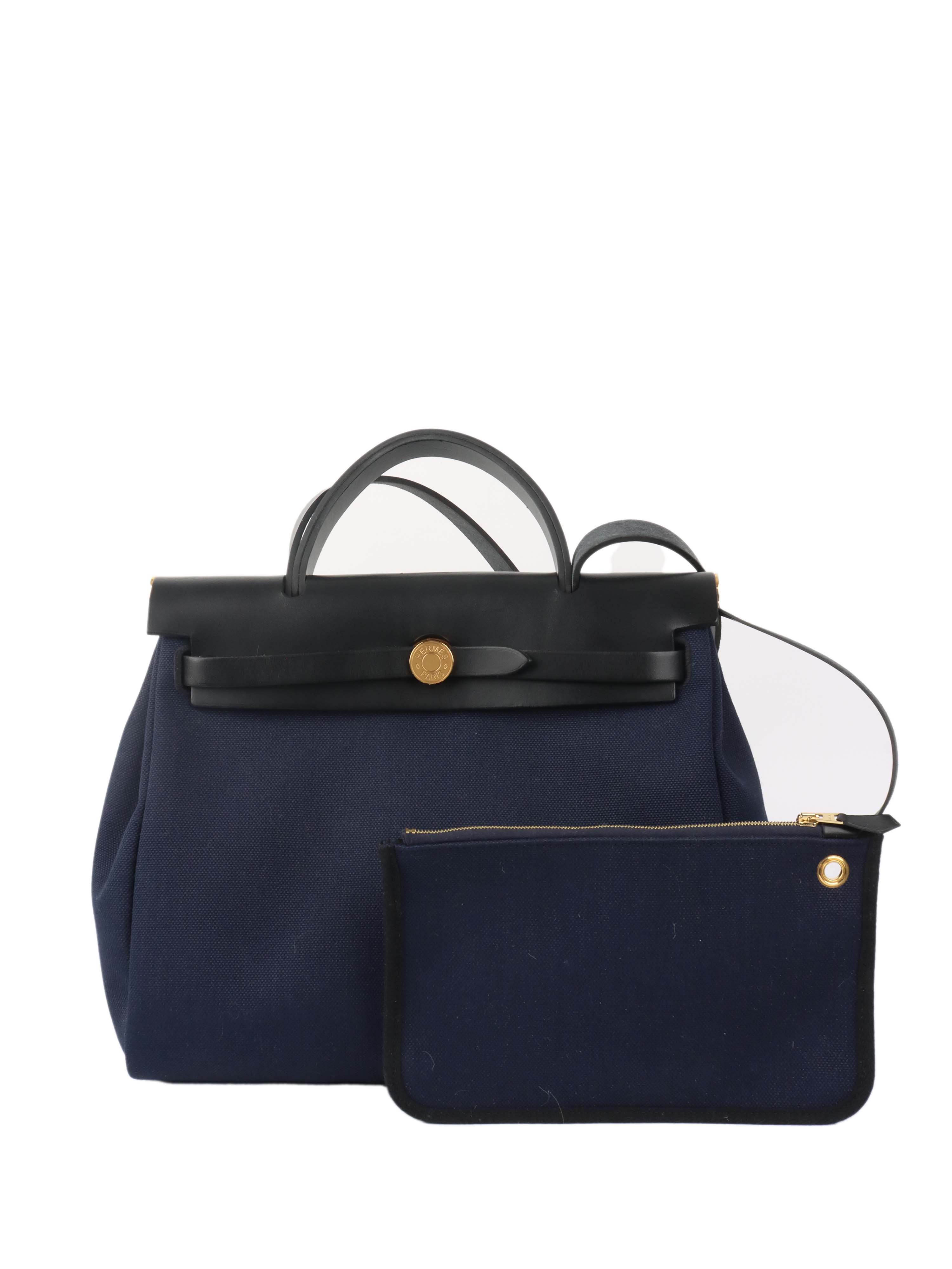 Hermes Herbag Zip 31 Backpack - Blue Marine/Black Leather Shoulder Bag for Women | Luxury Handbag for Work, Travel & Everyday Use
