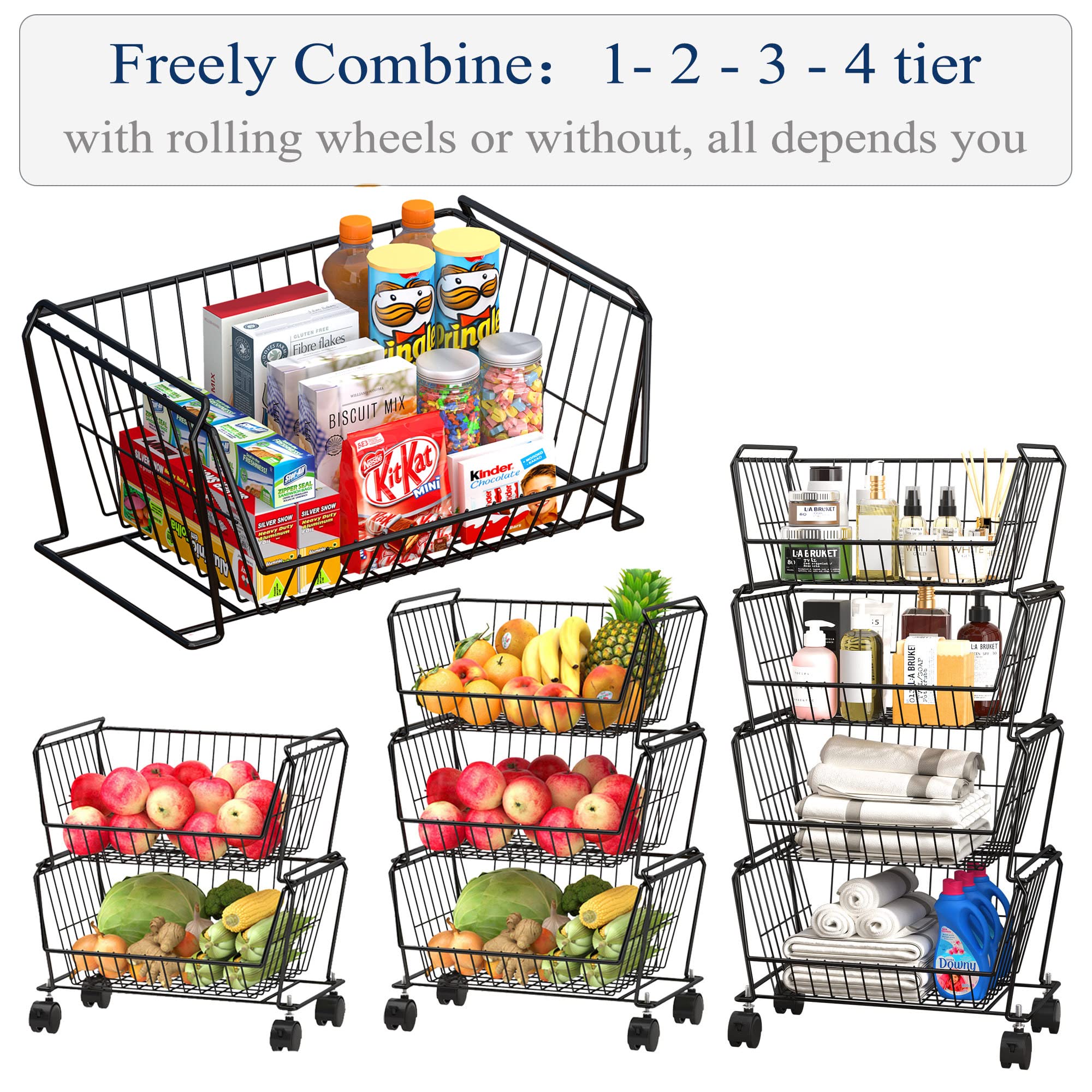 PUSDON 4-Tier Stackable Metal Storage Baskets - Rustproof Kitchen Organizer for Fruits, Vegetables, Pantry & Office Supplies - Space Saving Shelf for Home, Kitchen & Office Organization (Black)