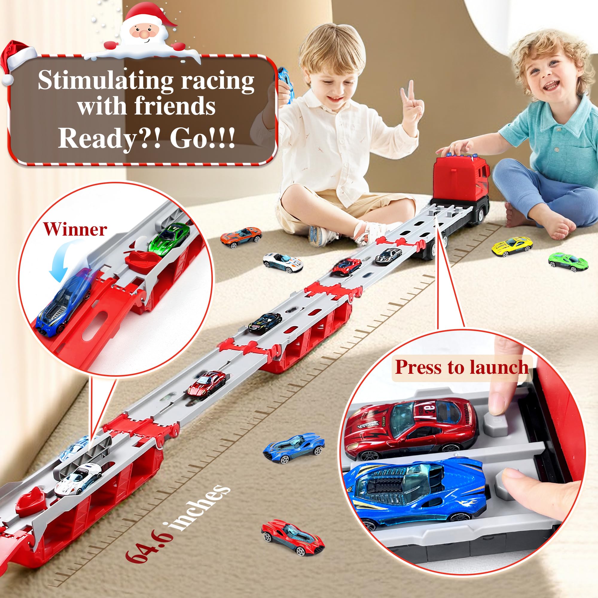 Mega Hauler Truck with Ejection Race Track - 7-in-1 Transformer Toy Truck with 6 Metal Race Cars, Music & Lights - Best Gift for Boys & Girls Ages 4-13 - Perfect for Indoor Play, Birthday Parties & STEM Learning