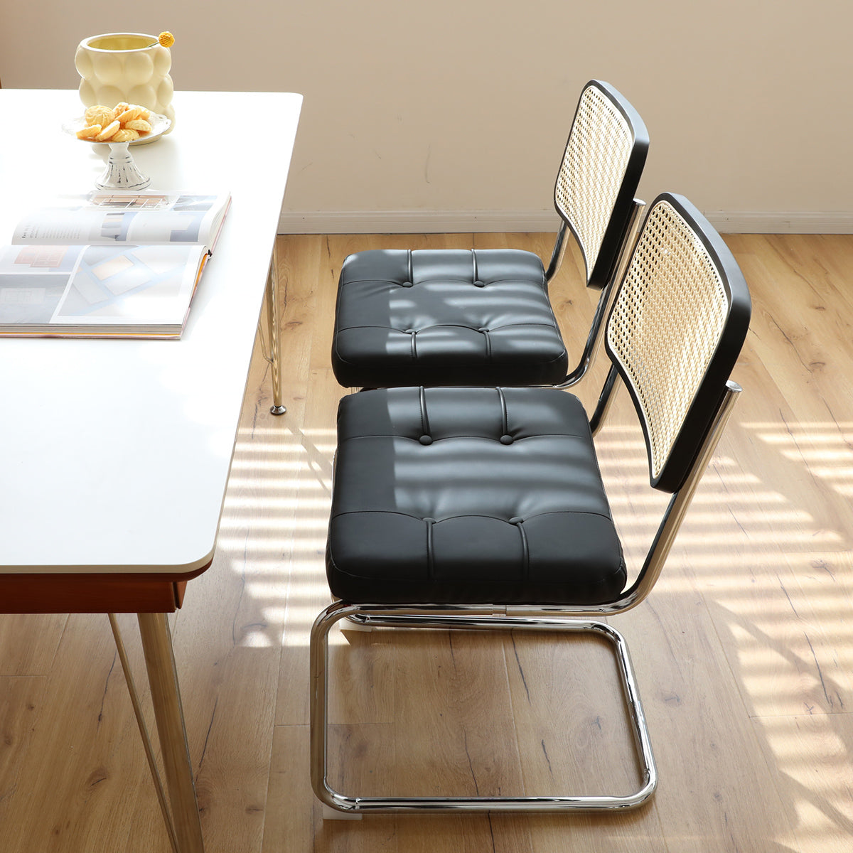 Modern Mid Century Breuer Style Dining Chairs Set of 2 - Faux Leather & Rattan Accent Chairs with Chrome Legs for Living Room, Kitchen, Dining Area - Black Upholstered Side Chairs (2-Piece Set) - Perfect for Small Spaces, Breakfast Nooks and Contemporary Home Decor