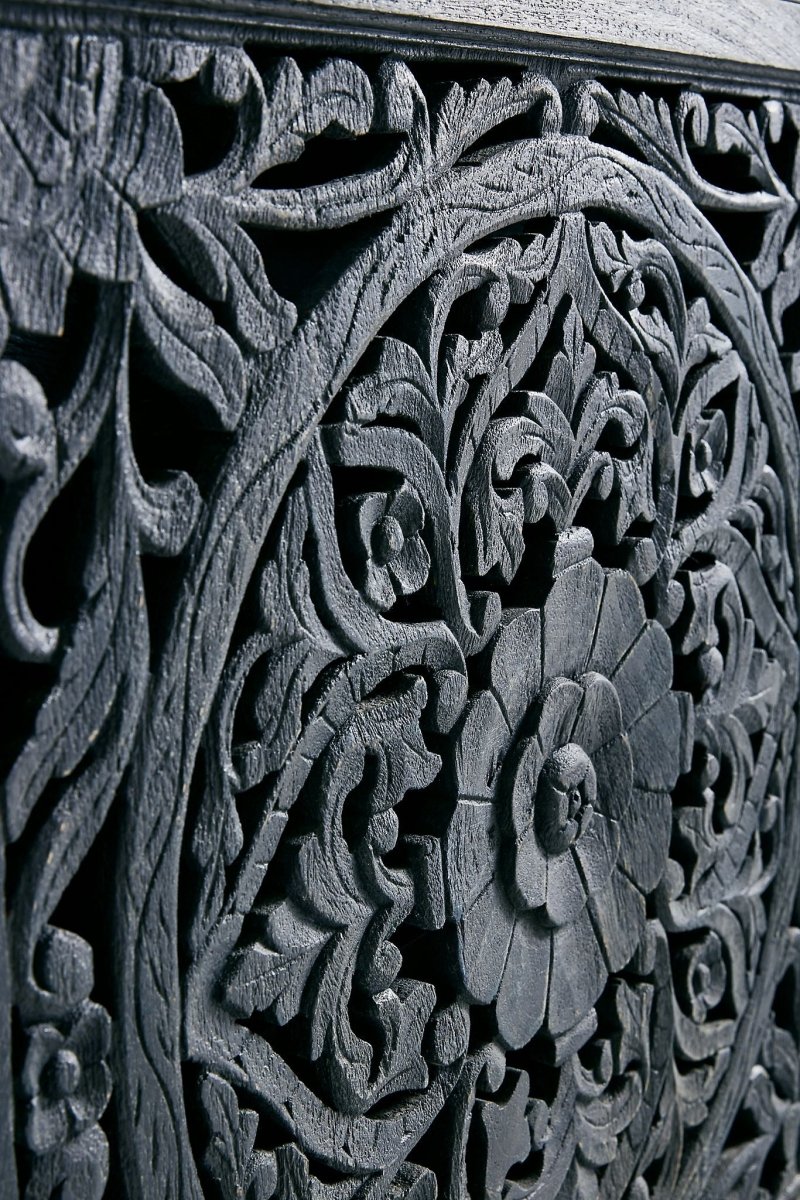 Hand Carved Lombok Buffet Indigo Color - Handmade Sideboard Cabinet | Solid Wood Indian Furniture for Dining Room & Living Room Storage
