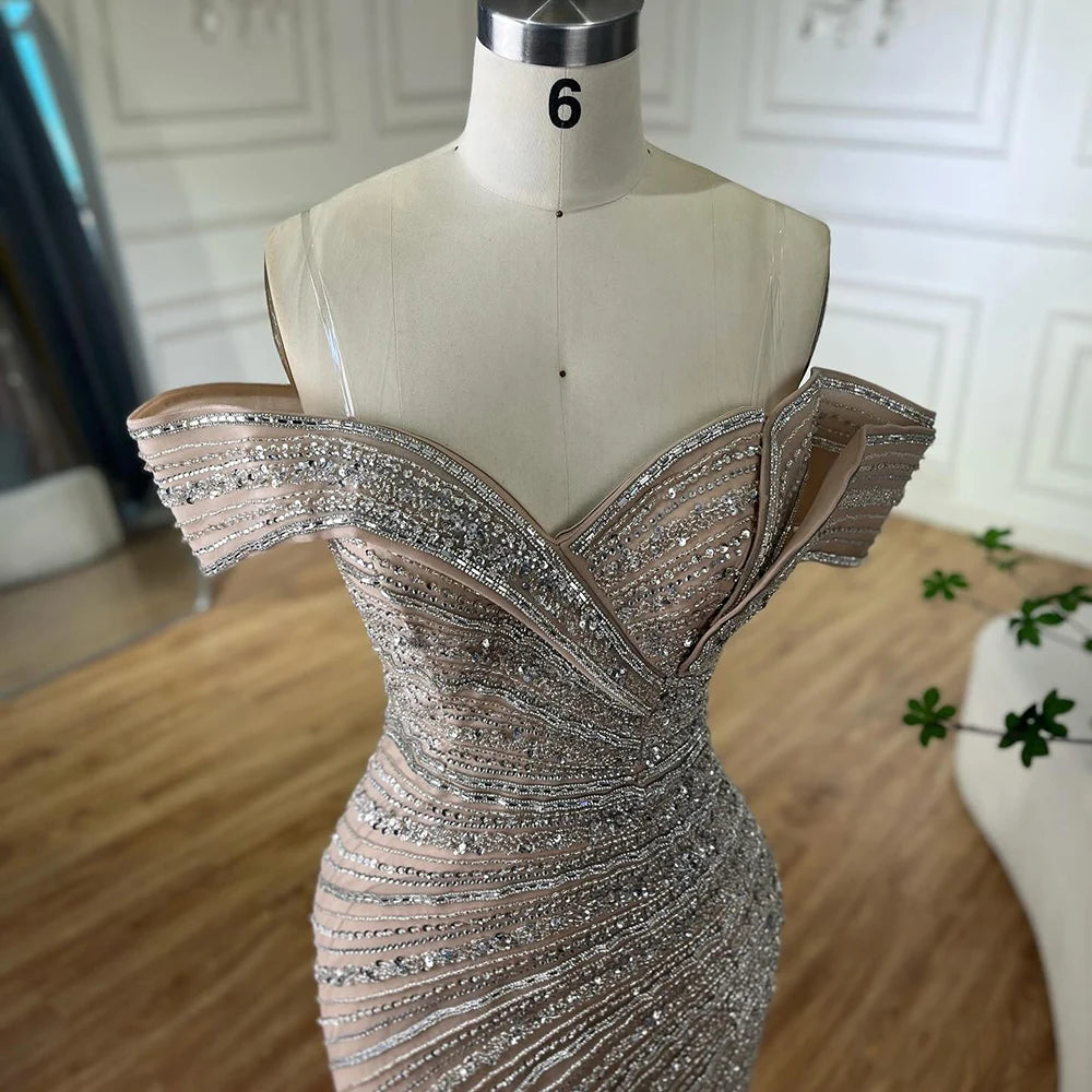 Luxury Dubai Arabic Silver Nude Mermaid Beaded Evening Gown with High Slit for Formal Occasions, Weddings, Parties & Special Events - Saudi LA72481A