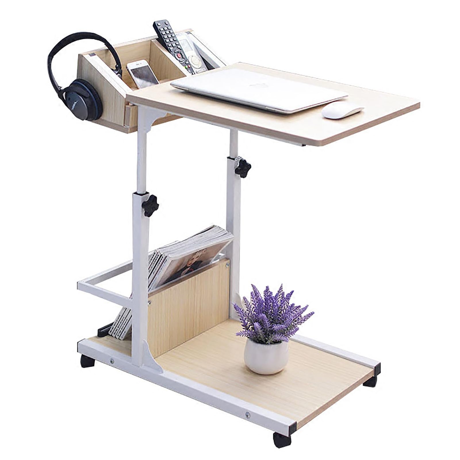 Adjustable Height Overbed Table with Wheels - Mobile Rolling Standing Desk & Portable Laptop Computer Table - Wooden Side Table for Home Office, Sofa, Bed (60x40x55cm/24x16x22inch) - Perfect for Working, Eating, Reading in Bed or Living Room