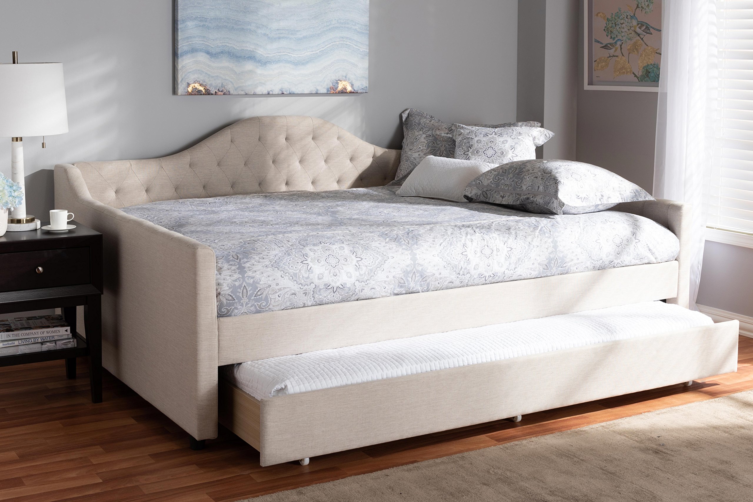 Baxton Studio Delia Daybed with Trundle - Queen Size Light Beige Sofa Bed for Guest Room, Living Room & Small Space Furniture