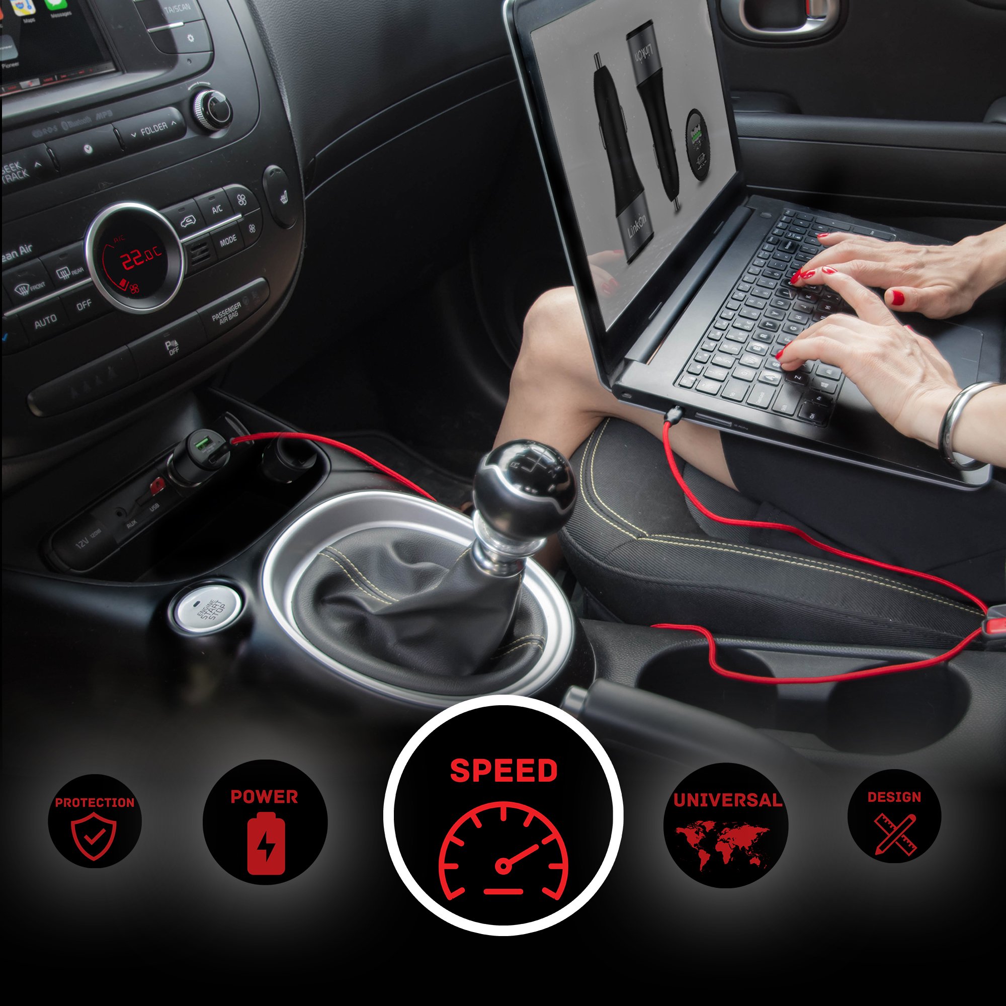 LinkOn 63W Fast Car Charger with 45W USB-C PD3.0 PPS & 18W USB-A QC3.0 - Compatible with MacBook Air, iPhone 15/14/13, Samsung Galaxy S23/S22 - Dual Port Car Adapter for Road Trips & Commuting