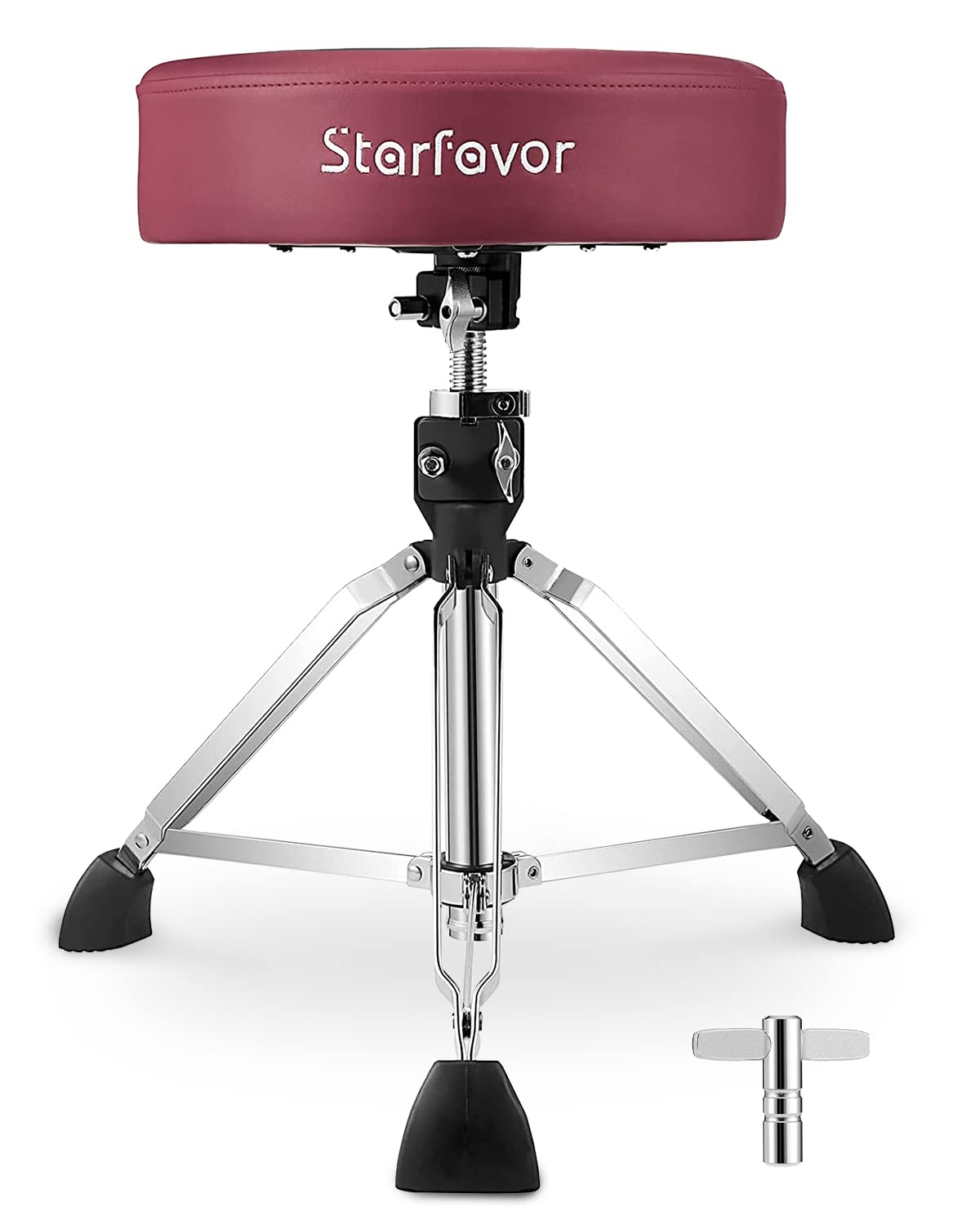 Starfavor Adjustable Drum Throne - Padded Rotatable Drum Stool with Double Braced Anti-Slip Feet, Comfortable Drum Seat for Drummers (Crimson Red, ST-650 Stone) - Perfect for Home Studios, Live Performances & Practice Sessions