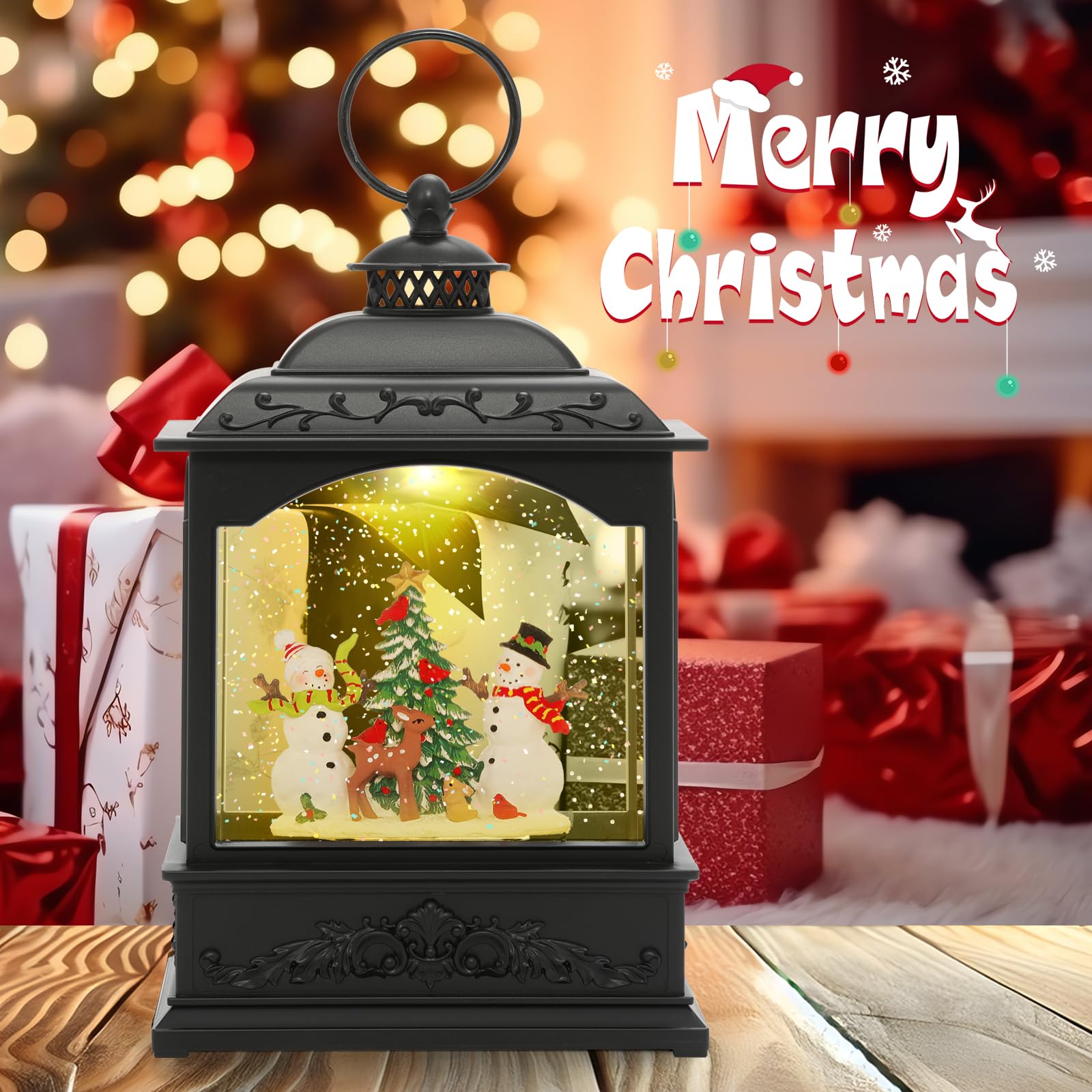 Christmas Snow Globe Lantern with Music & Timer - USB/Battery Powered Swirling Snowman Water Globe with Glitter - Perfect for Holiday Decor, Gift Giving & Winter Home Decor