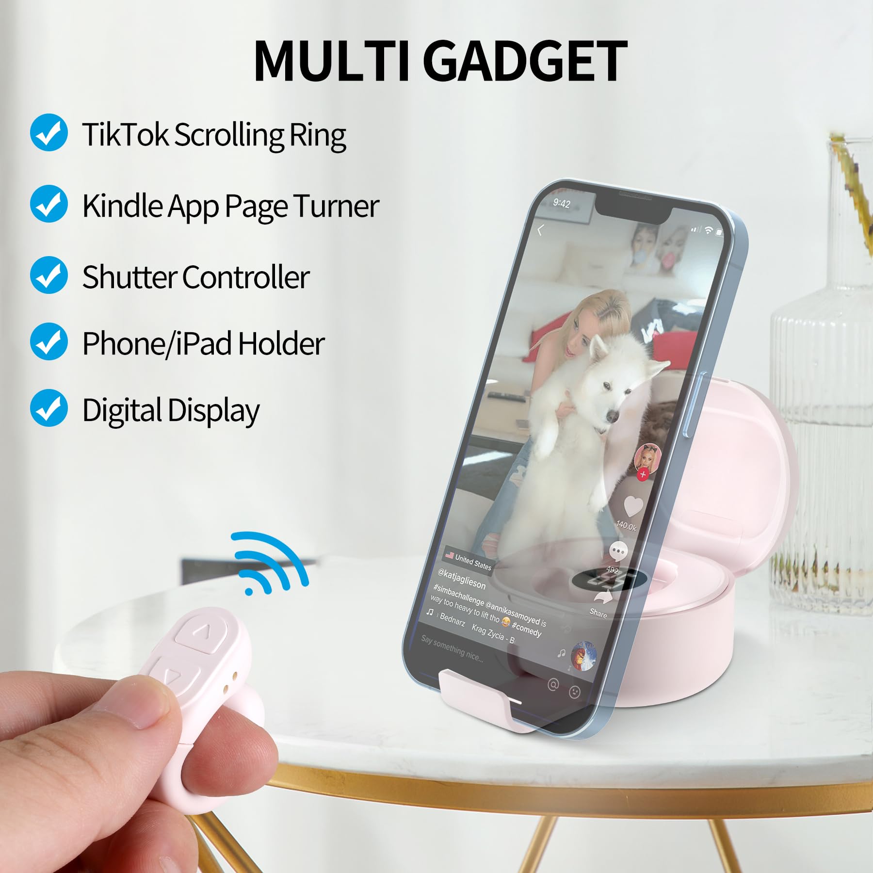 Upgrade Bluetooth Scrolling Ring - TikTok Remote Control with Stand, Wireless Camera Shutter for iPhone iPad iOS Android - Perfect for Social Media, Live Streaming & Photography (Pink)